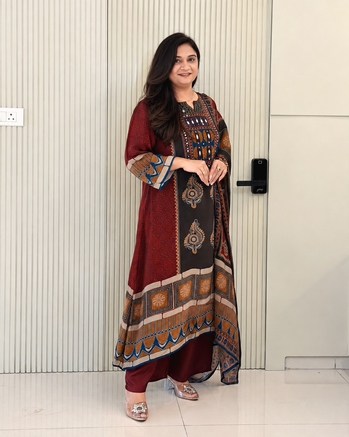 Rusha Maroon Natural Crape Asymmetric HandEmbroidered Dupatta Set