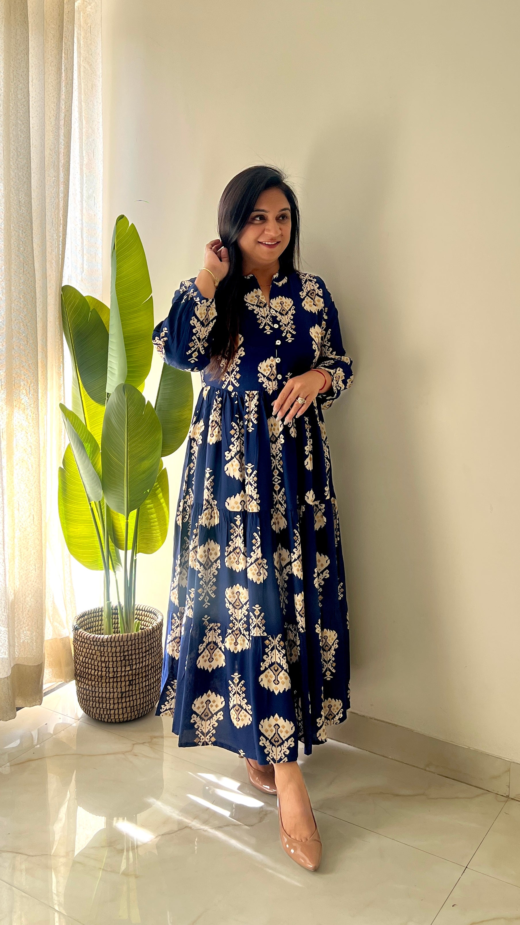 Sarfa Blue Crystal Muslin Casual Long Dress