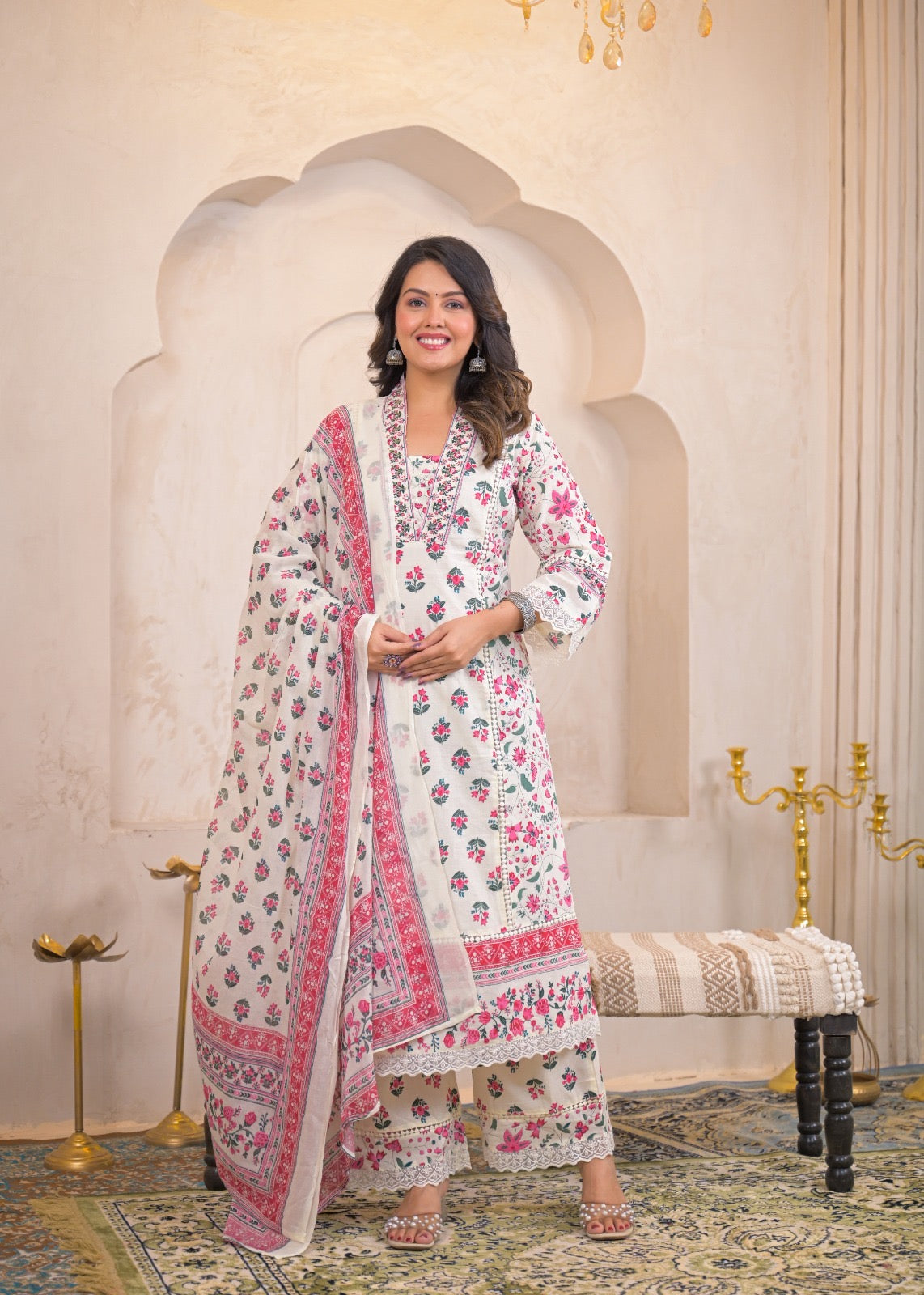 Kaaya White Pink Cotton Embroidered Dupatta Set