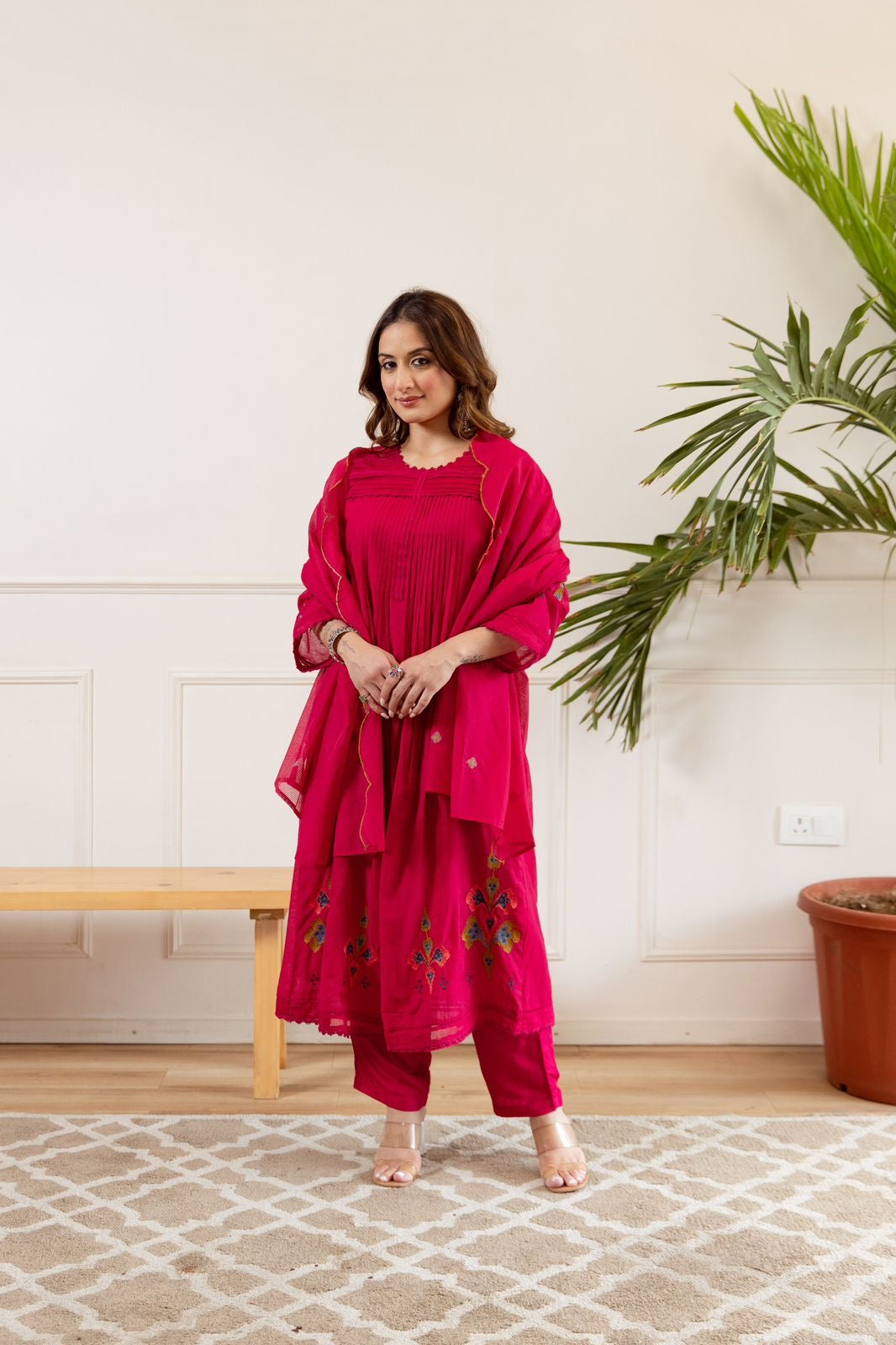 Zina Pink Net Chanderi Embroidered Anarkali Set