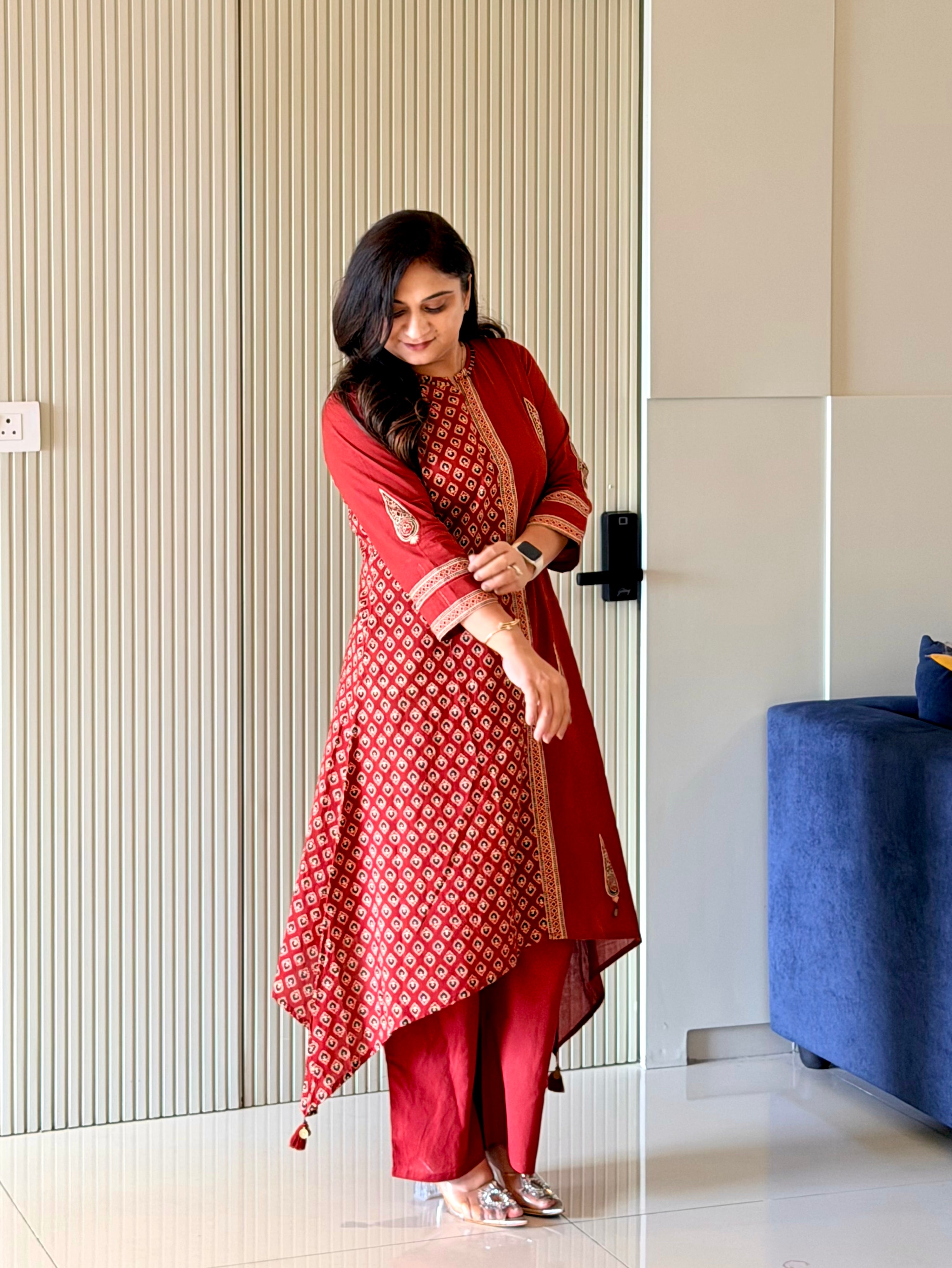 Laila Maroon Cotton Asymmetric Ajrakh Kurta Set