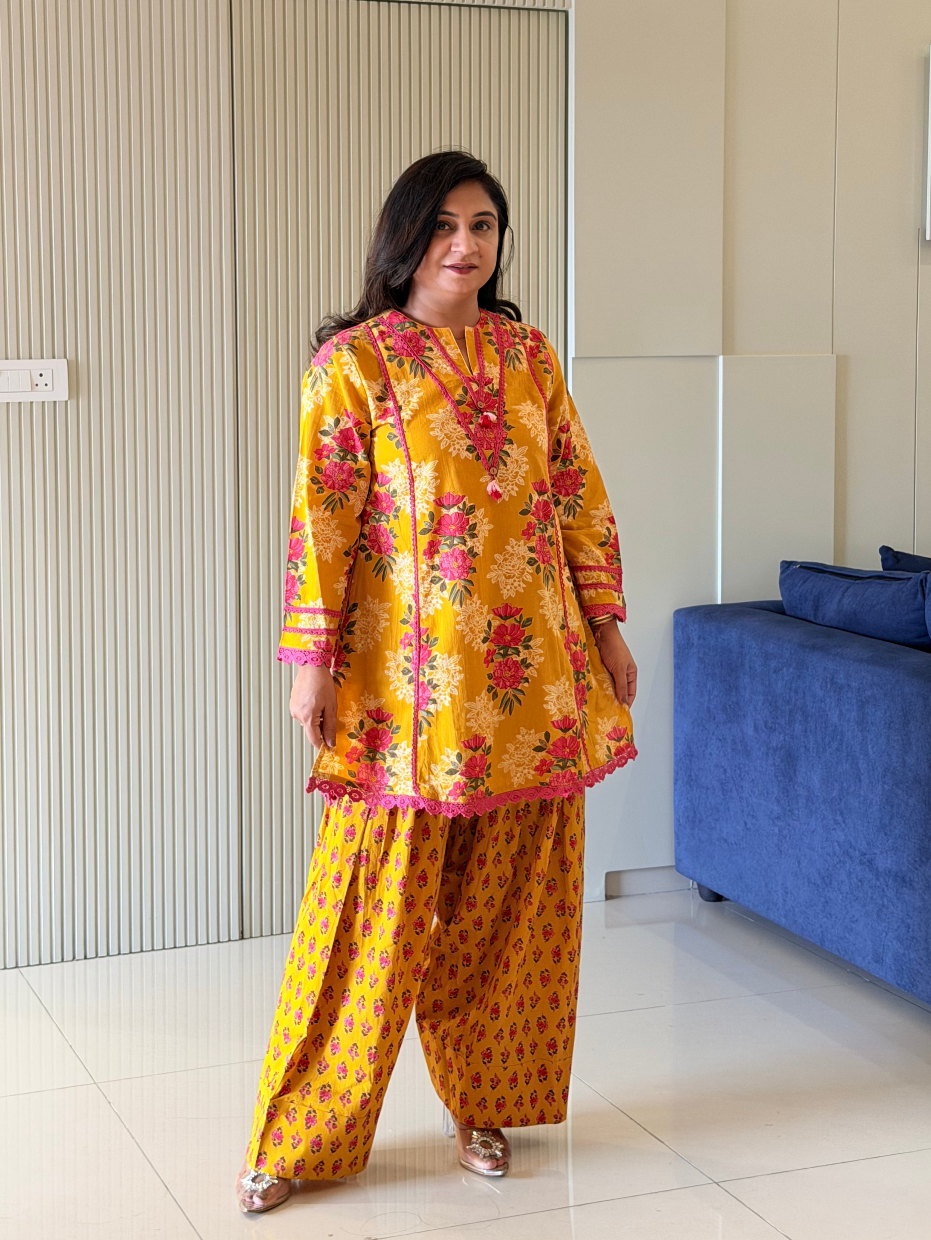 Zubeda Yellow Cotton Floral A-line Farshi Coord Set
