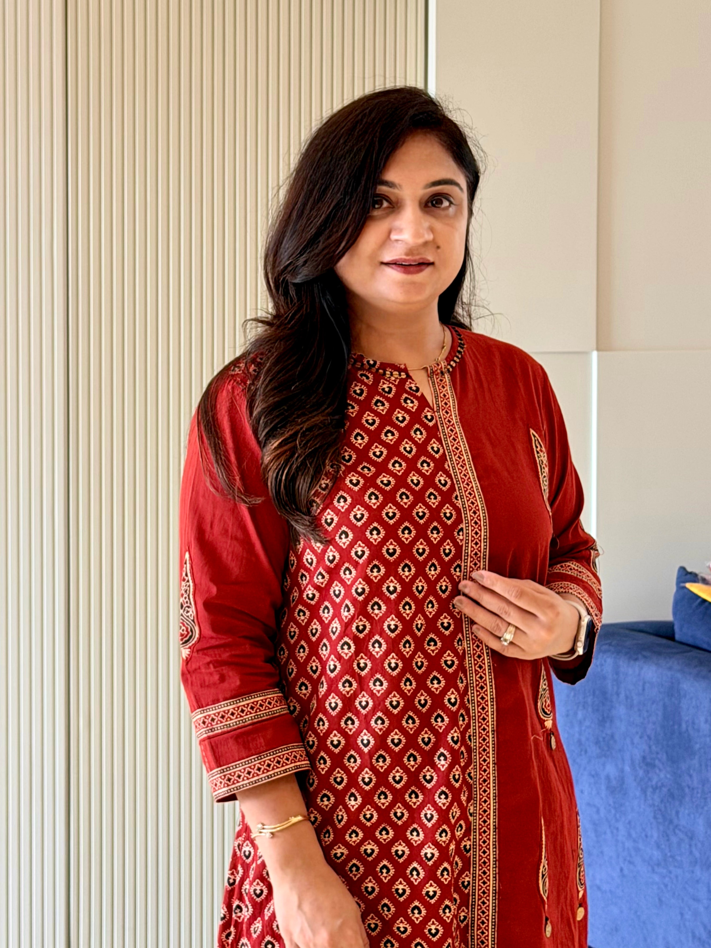 Laila Maroon Cotton Asymmetric Ajrakh Kurta Set