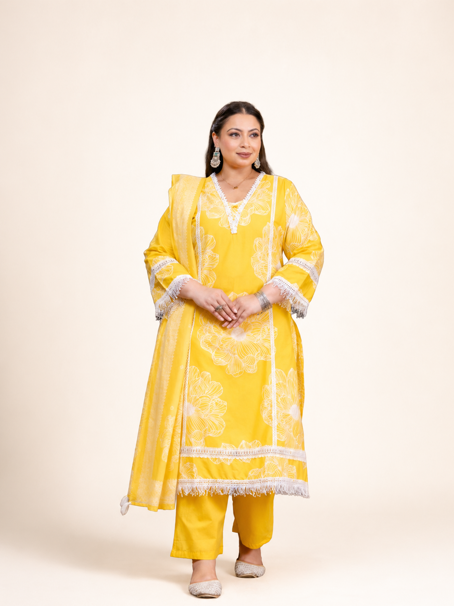 Tuba Yellow Cotton Lace Deatailed Straight Dupatta Set