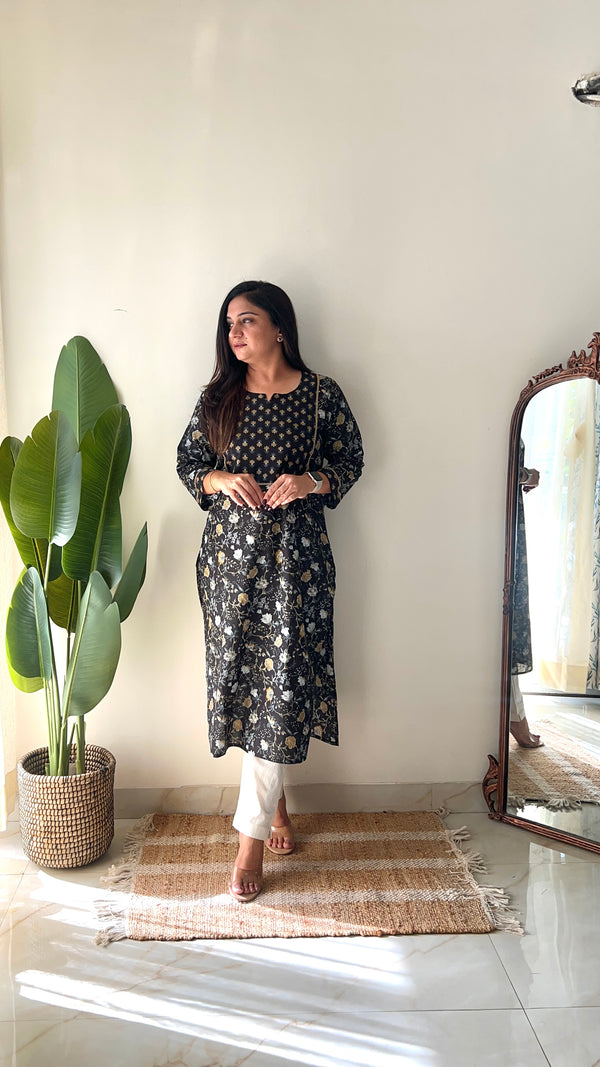 Black Floral Casual Cotton Straight Kurta