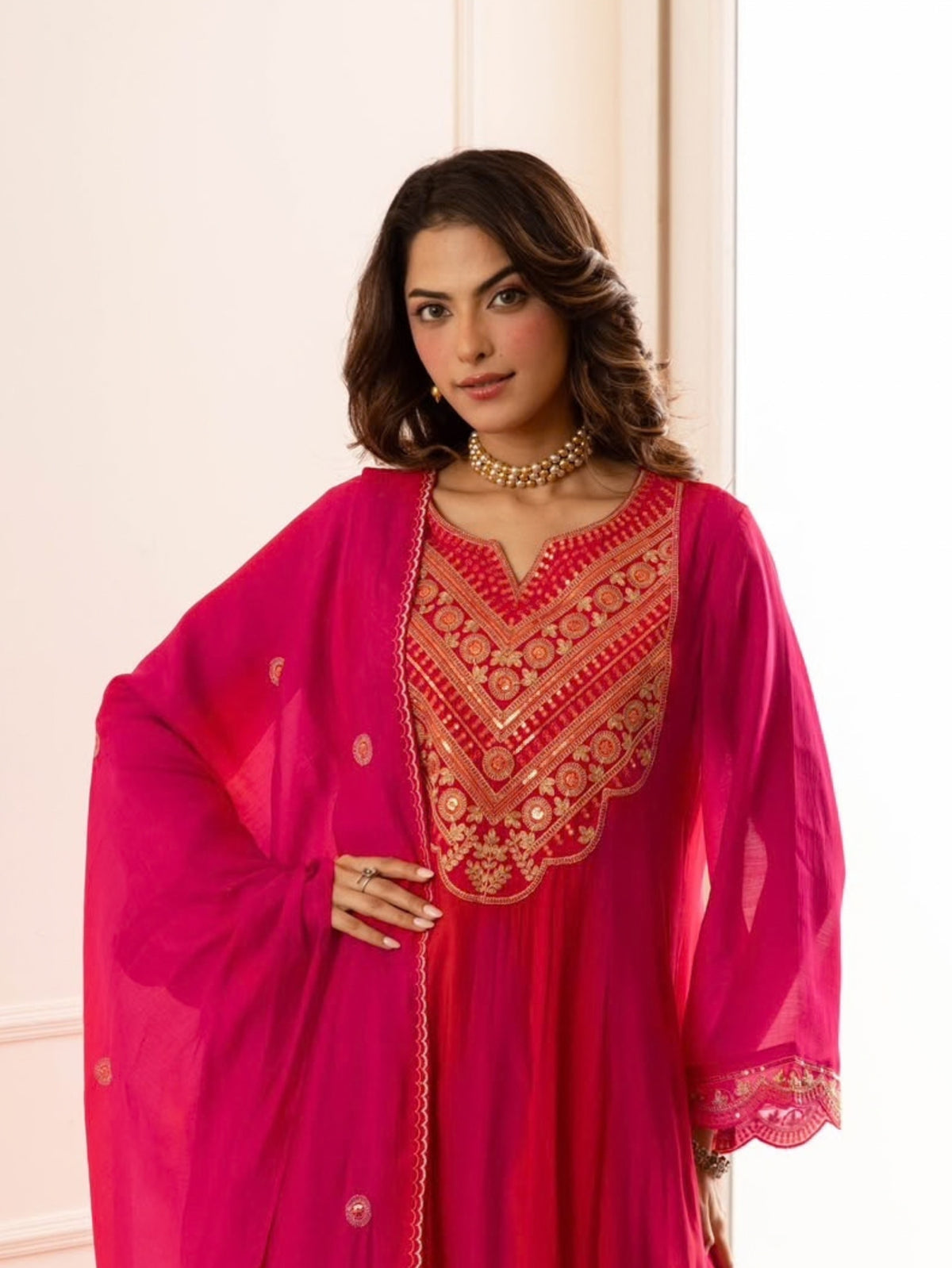 Zola Pink Mul Chanderi Embroidered A-line Dupatta Set