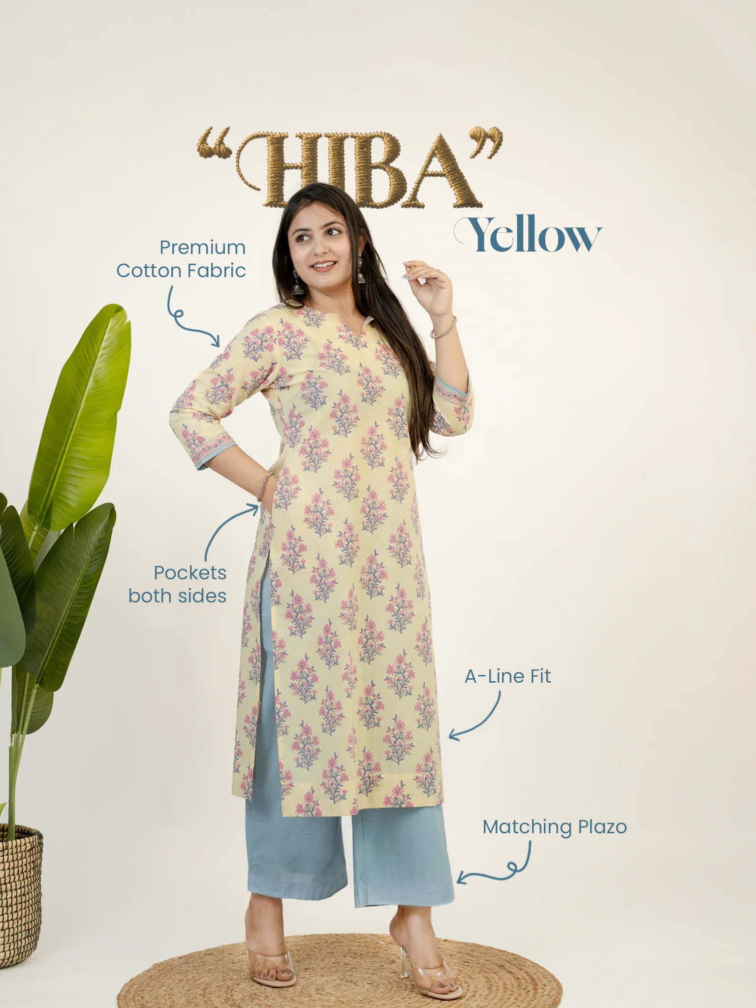 Hiba Yellow Gulbahar Floral Cotton Kurta Set