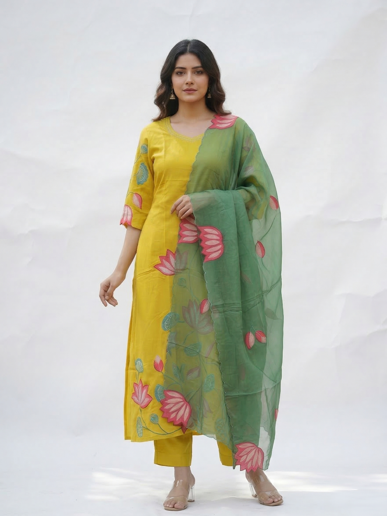 Kiara Yellow Russian Silk A-line Applique Deatiled Dupatta Set