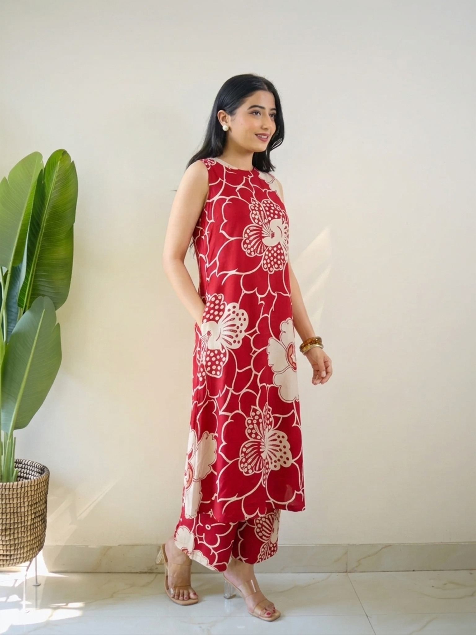 Dia Red Floral Rayon A-line Coord Set