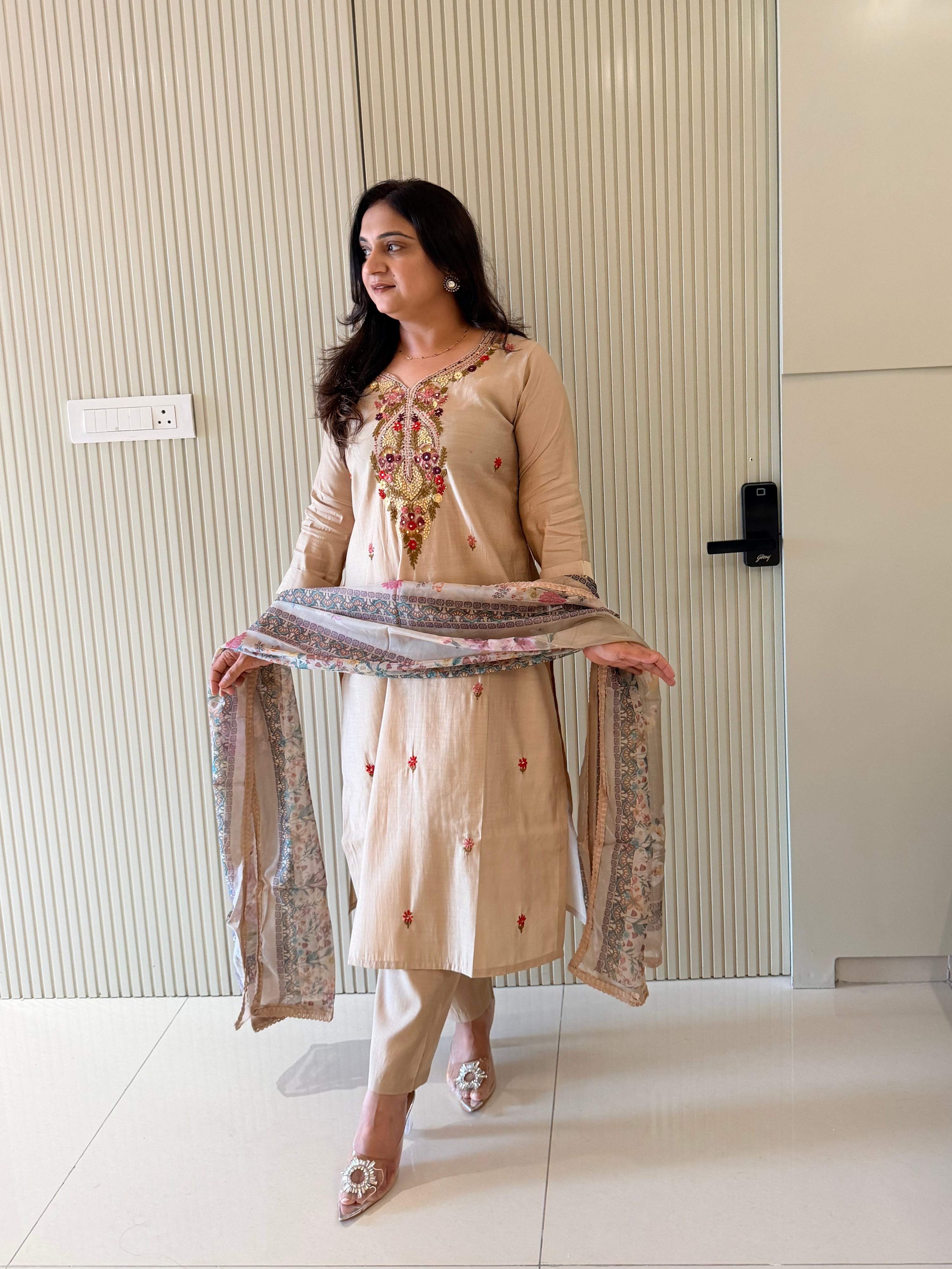 Rubina Beige Modal Silk HandEmbroidered Dupatta Set
