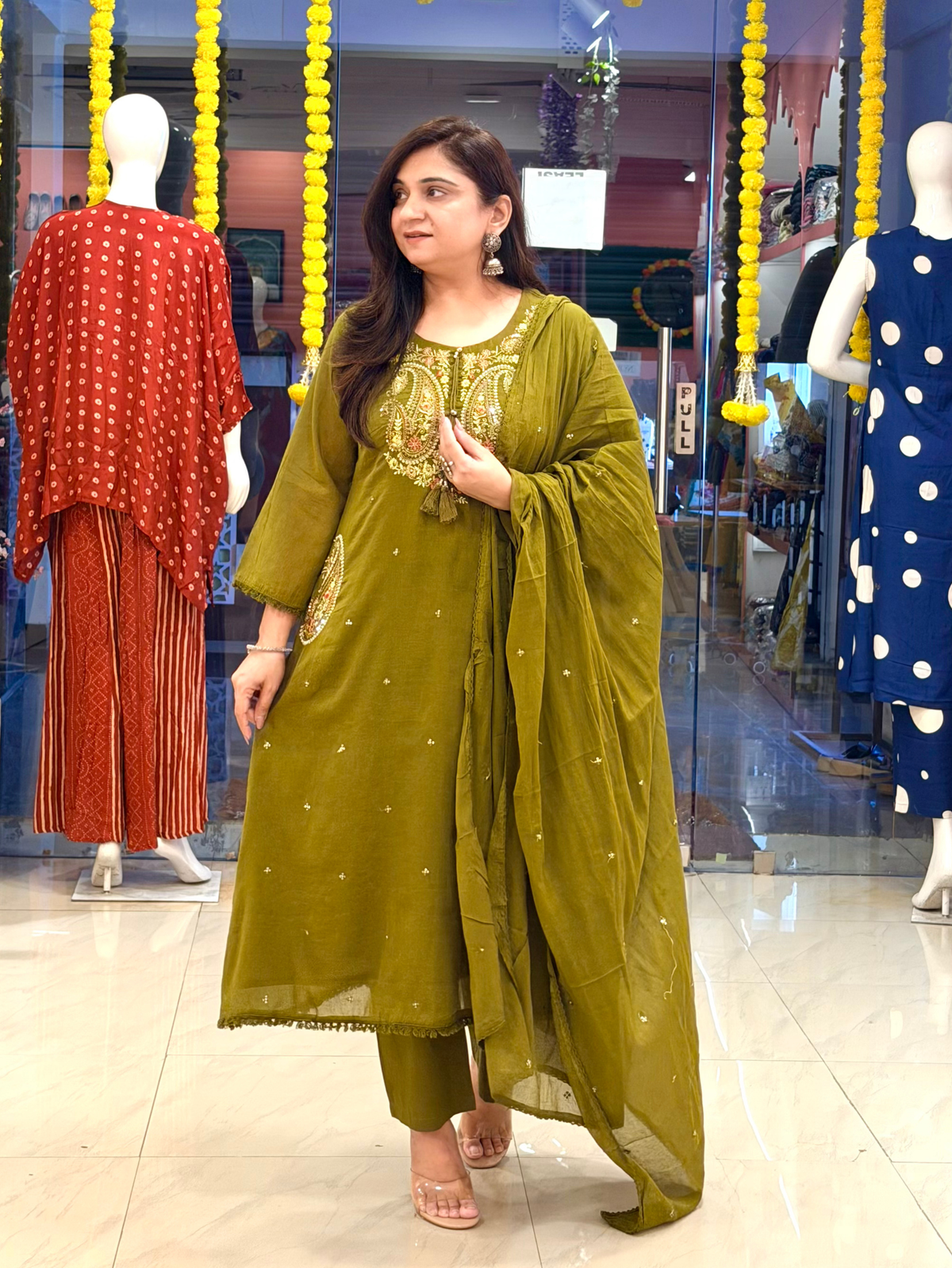 Sufi Green Mul Cotton HandEmbroidered A-line Dupatta Set