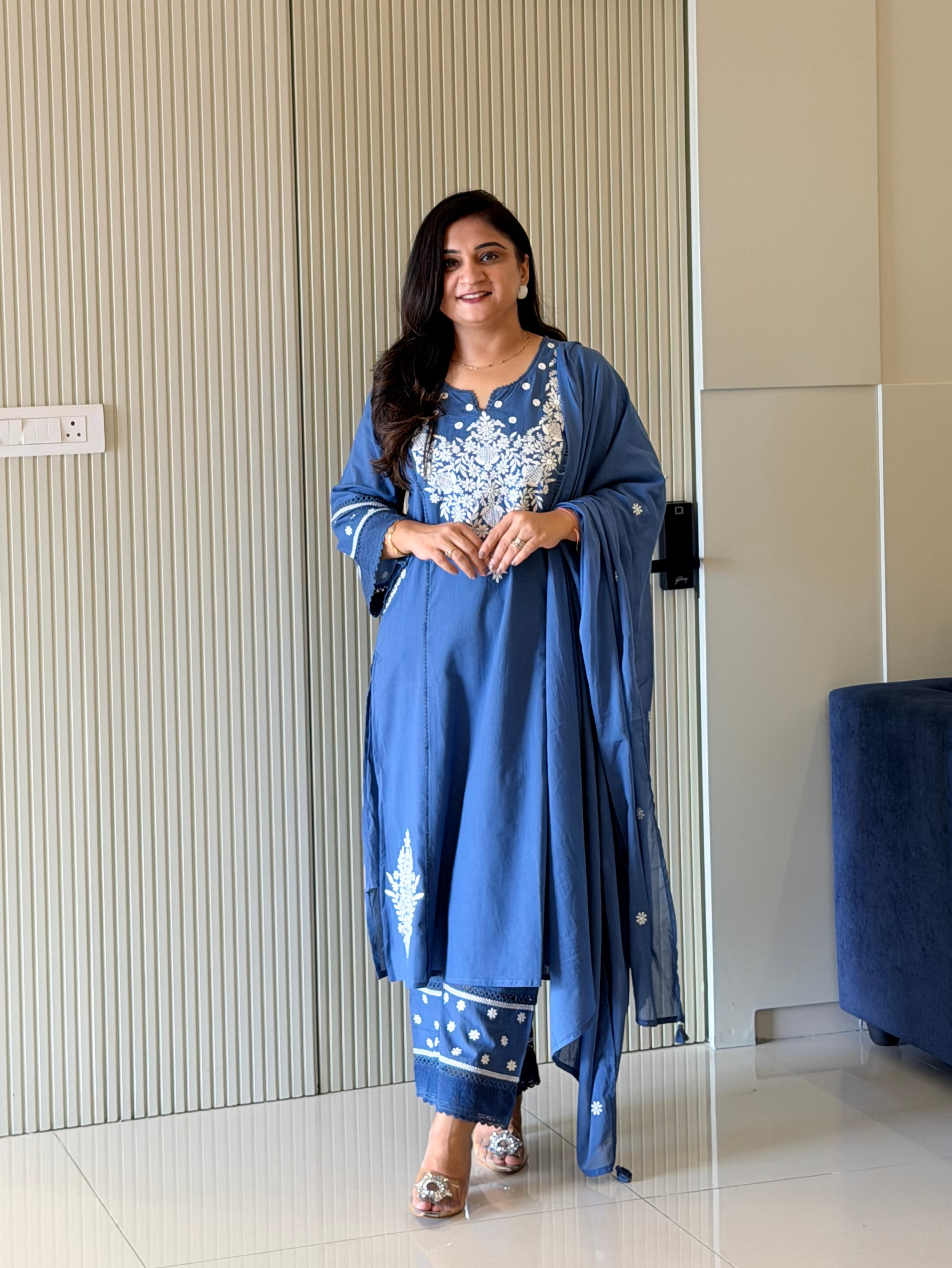 Naila Blue Premium Mul Cotton Embroidered Dupatta Set