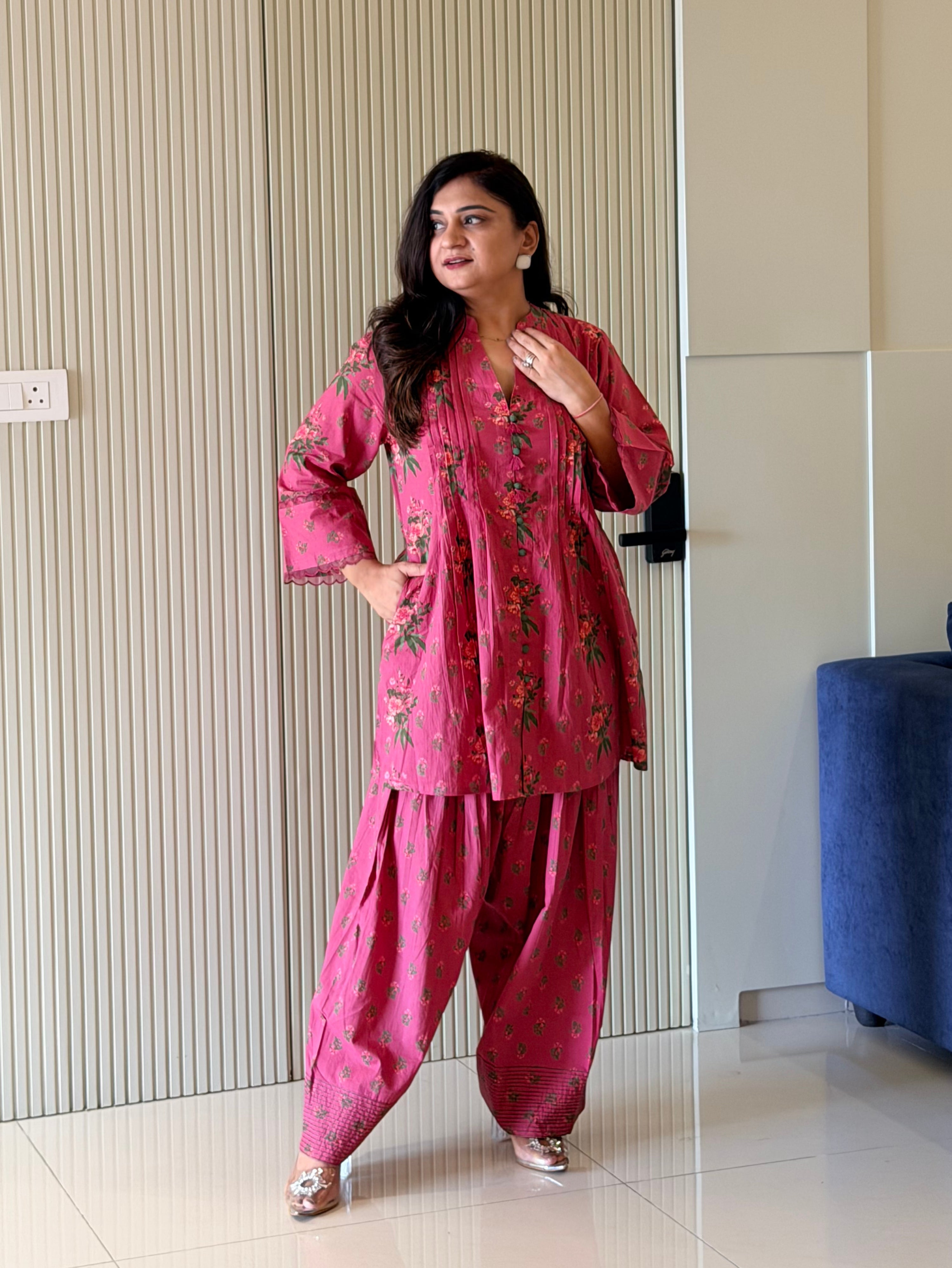Zubeda Pink Cotton Floral A-line Farshi Coord Set