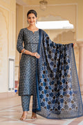 Anamika Cotton Ajrakh print Straight Dupatta Set