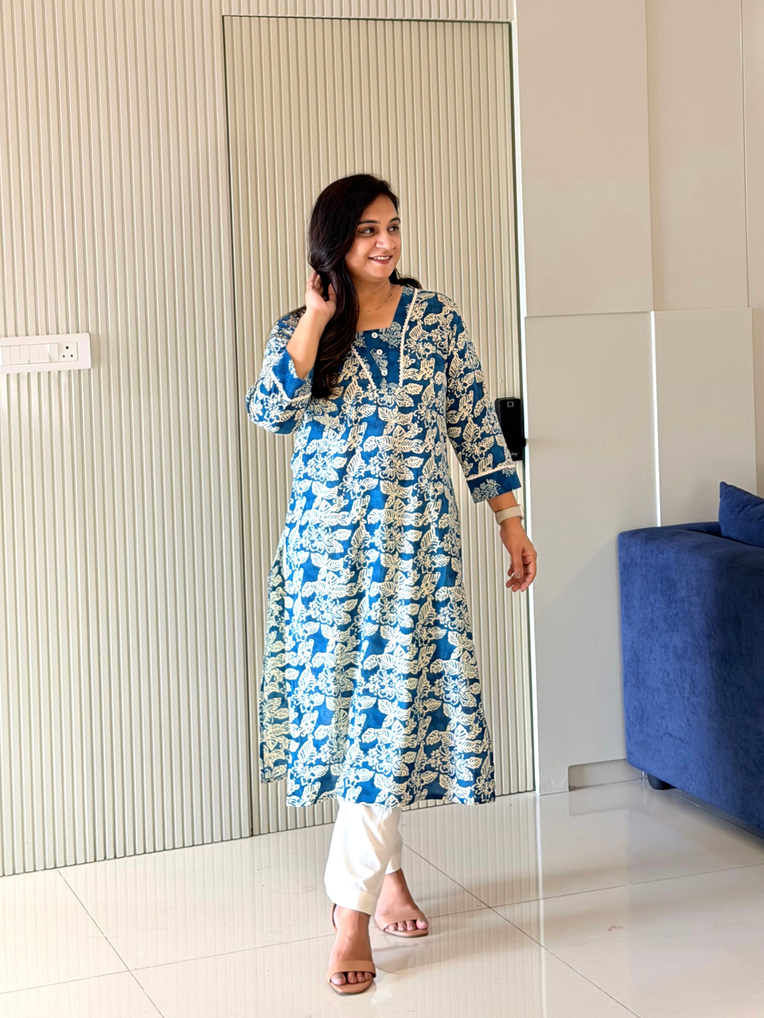 Fariha Cobalt Blue Cotton Floral Casual Straight Kurta