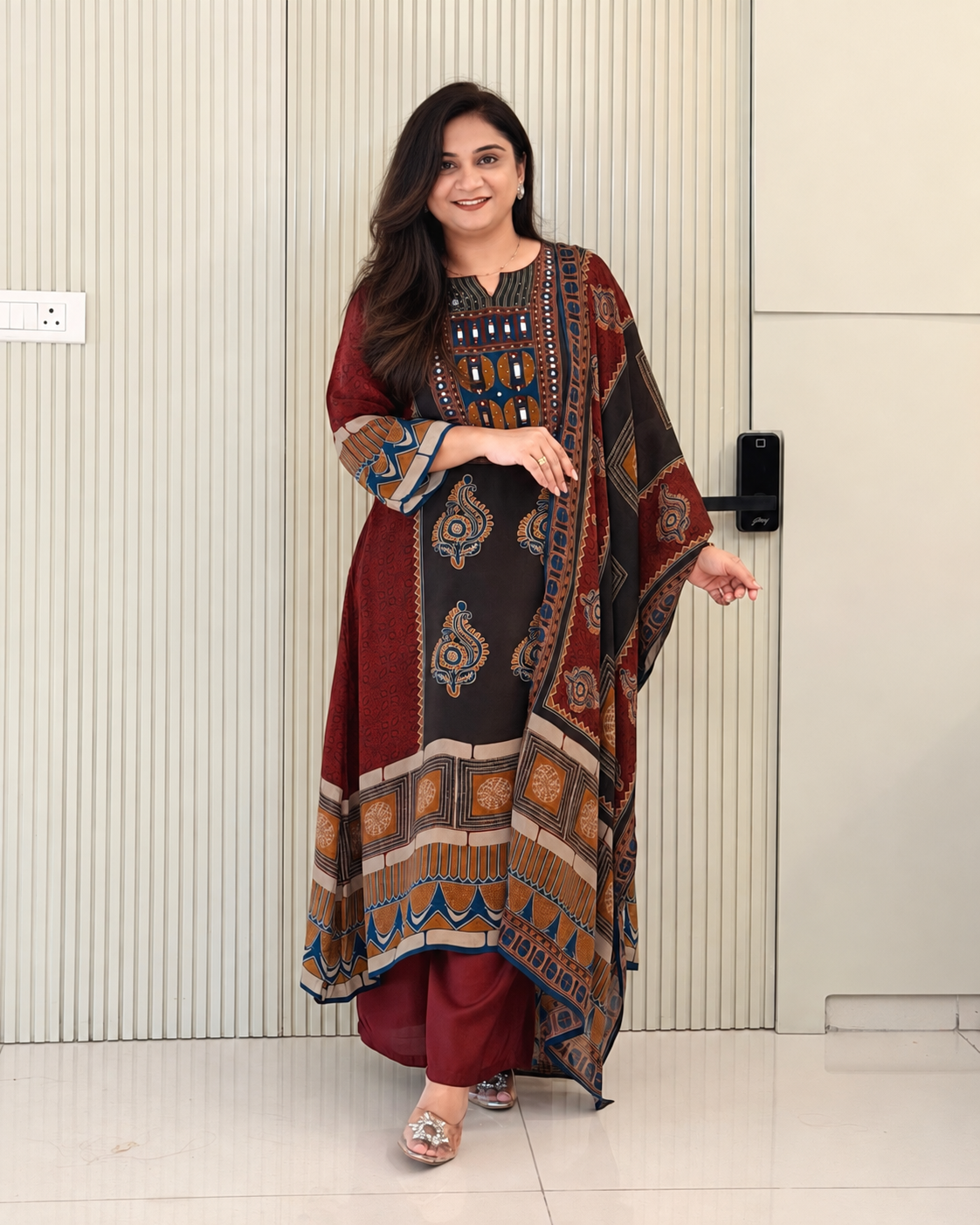 Rusha Maroon Natural Crape Asymmetric HandEmbroidered Dupatta Set