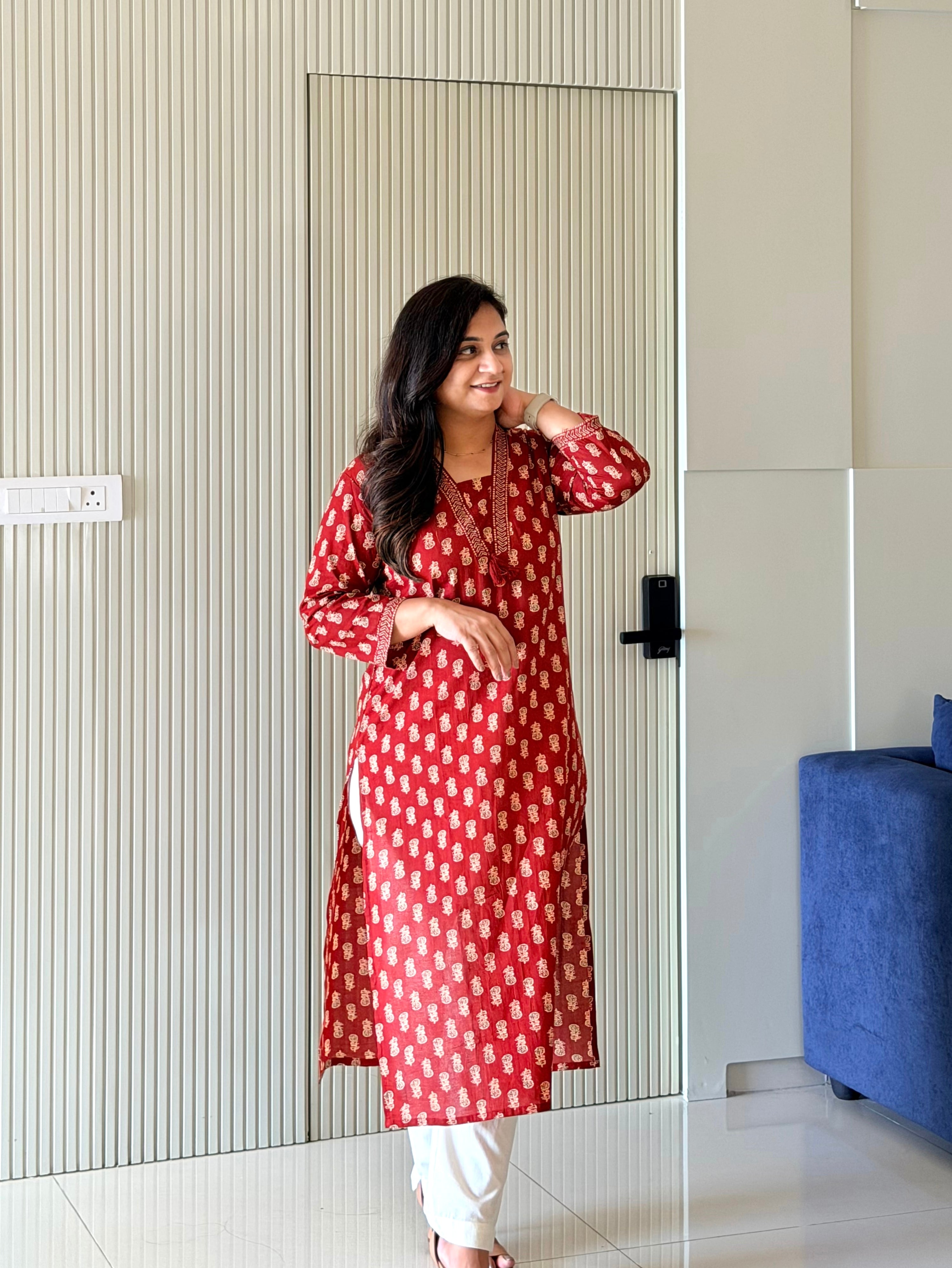 Fariha Maroon Ajrakh Cotton Casual Straight Kurta