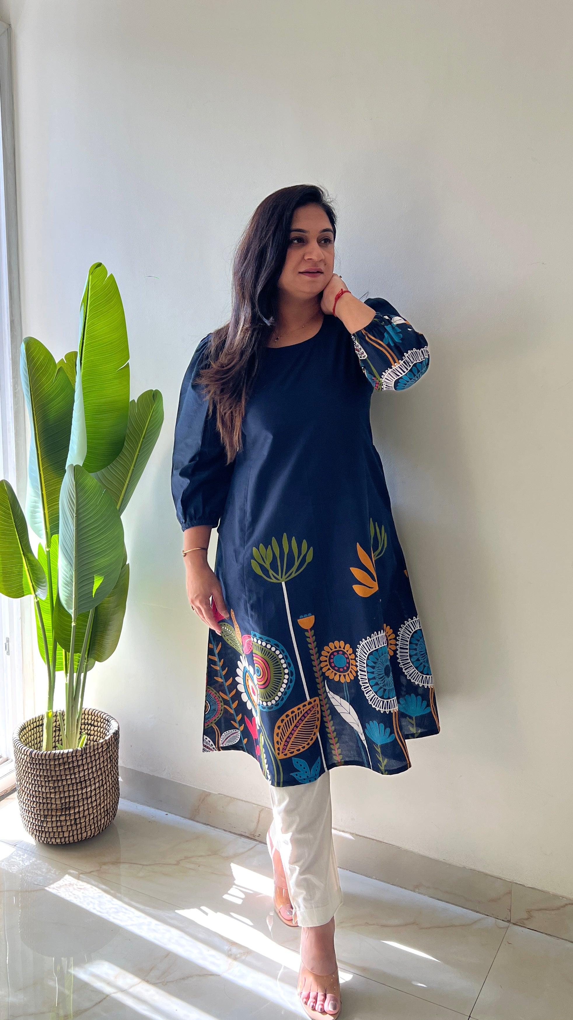 Blue Cotton Floral A-line Kurta
