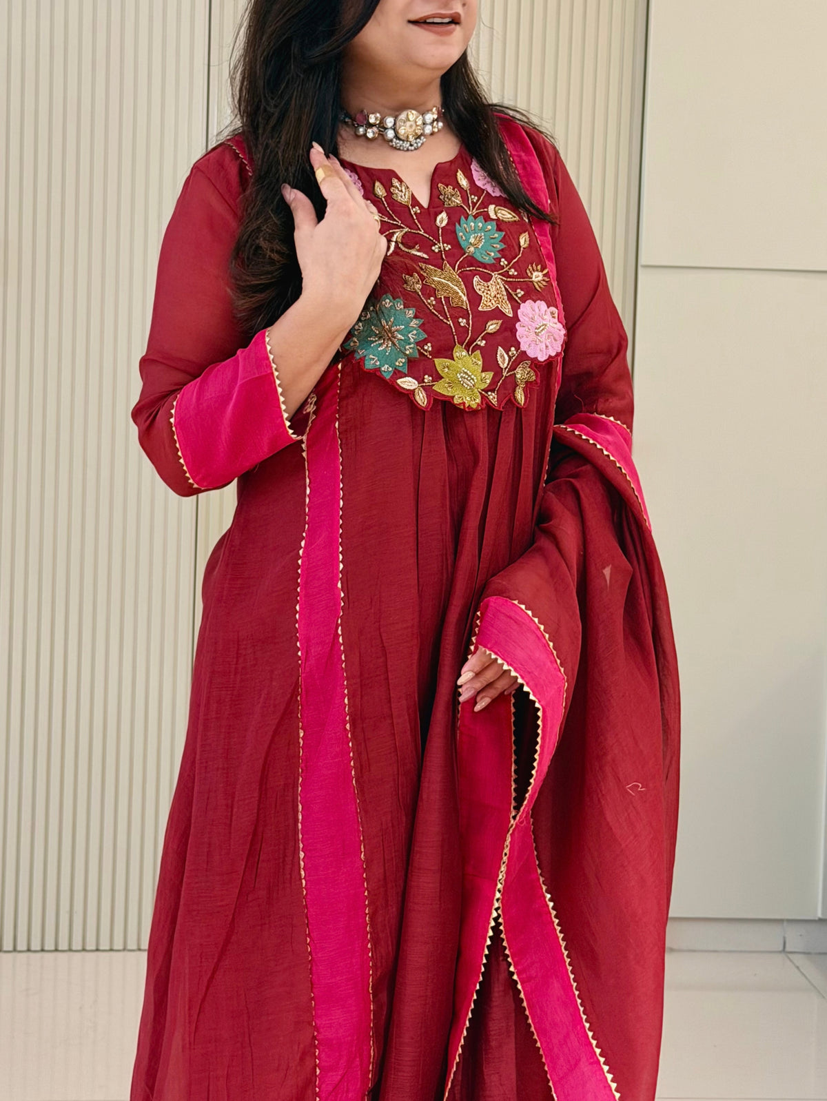 Sejal Mergenta Pink Mul Chanderi HandEmbroidered A-line Dupatta Set