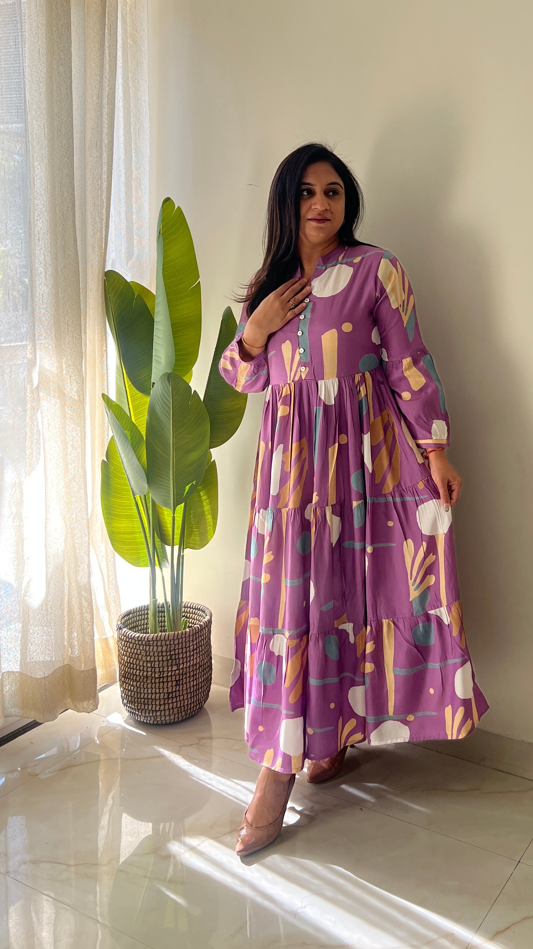 Sarfa Lilac Crystal Muslin Casual Long Dress