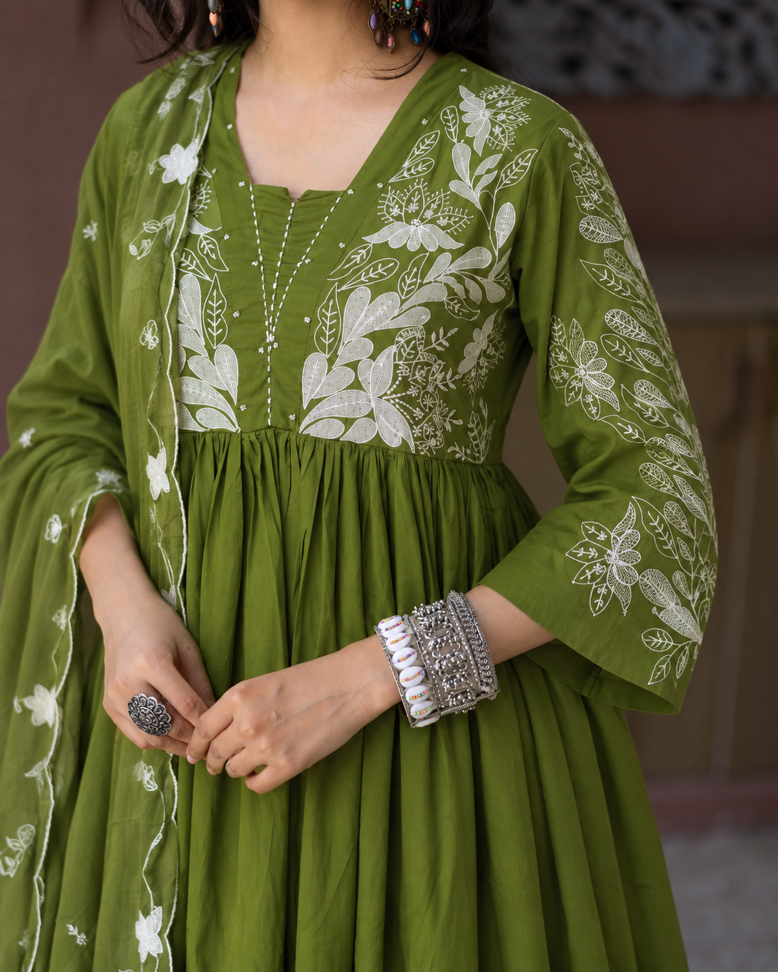 Ruksaar Green Mul Cotton Embroidered A-line Dupatta Set