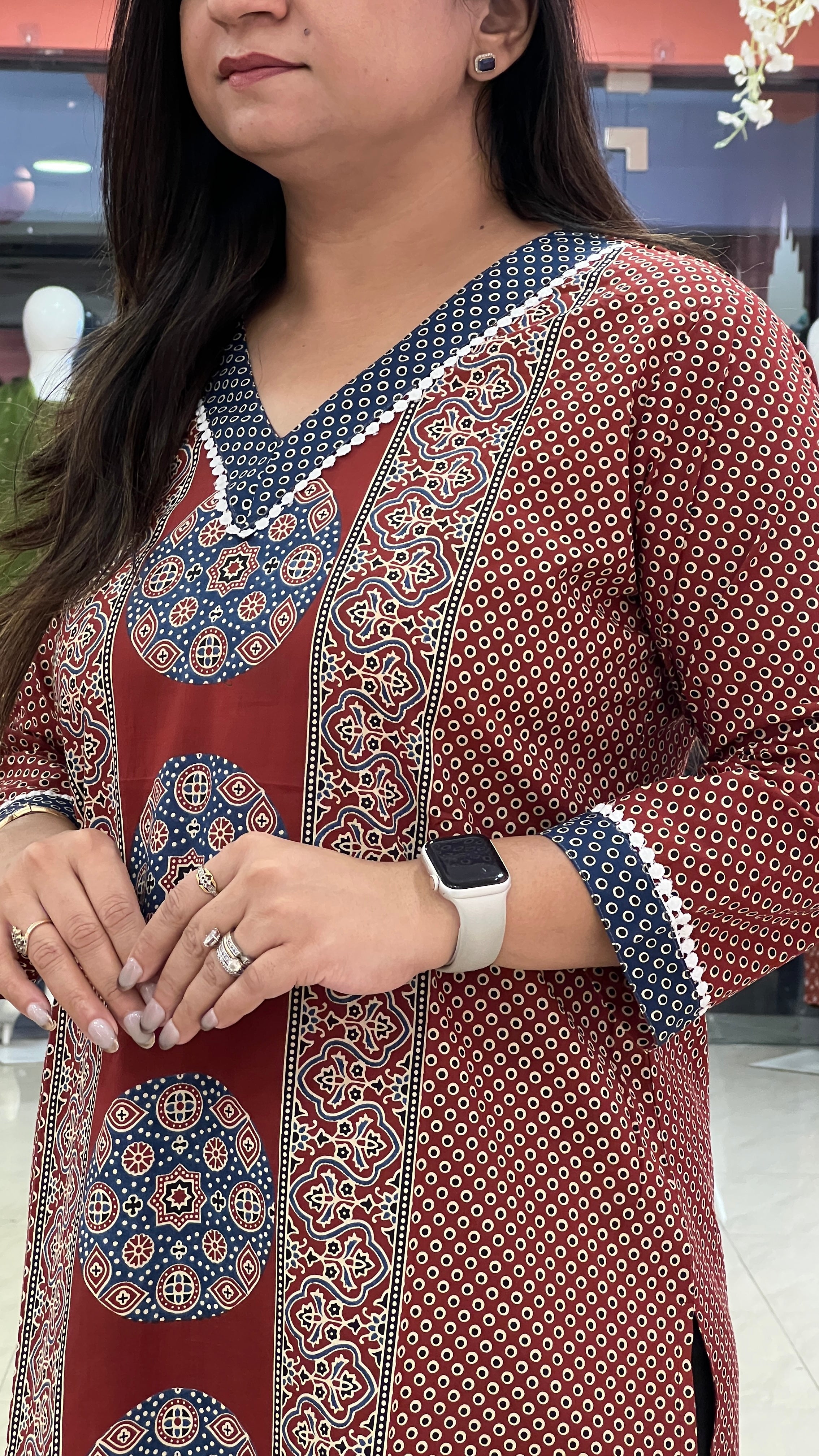 Red Ajrakh Cotton Casual Straight Kurta