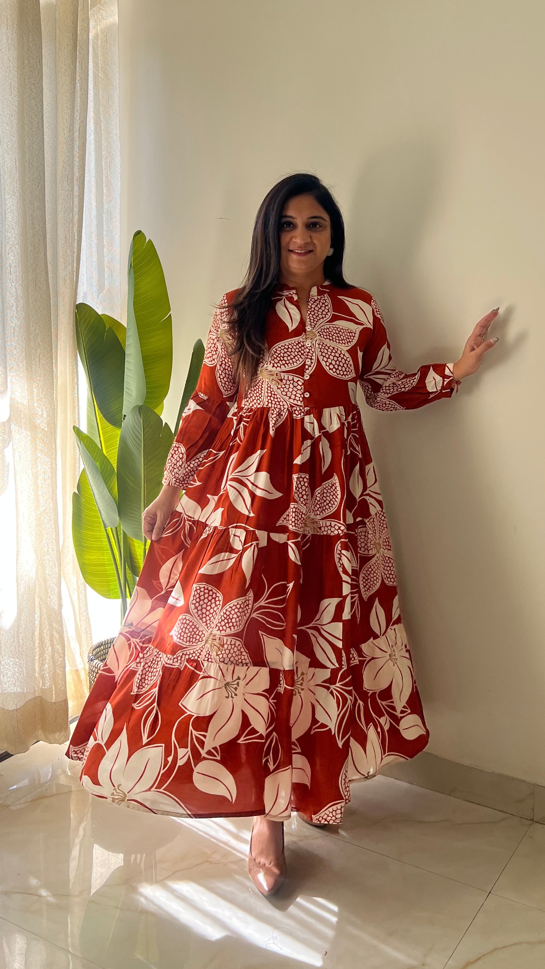 Sarfa Rust Crystal Muslin Casual Long Dress