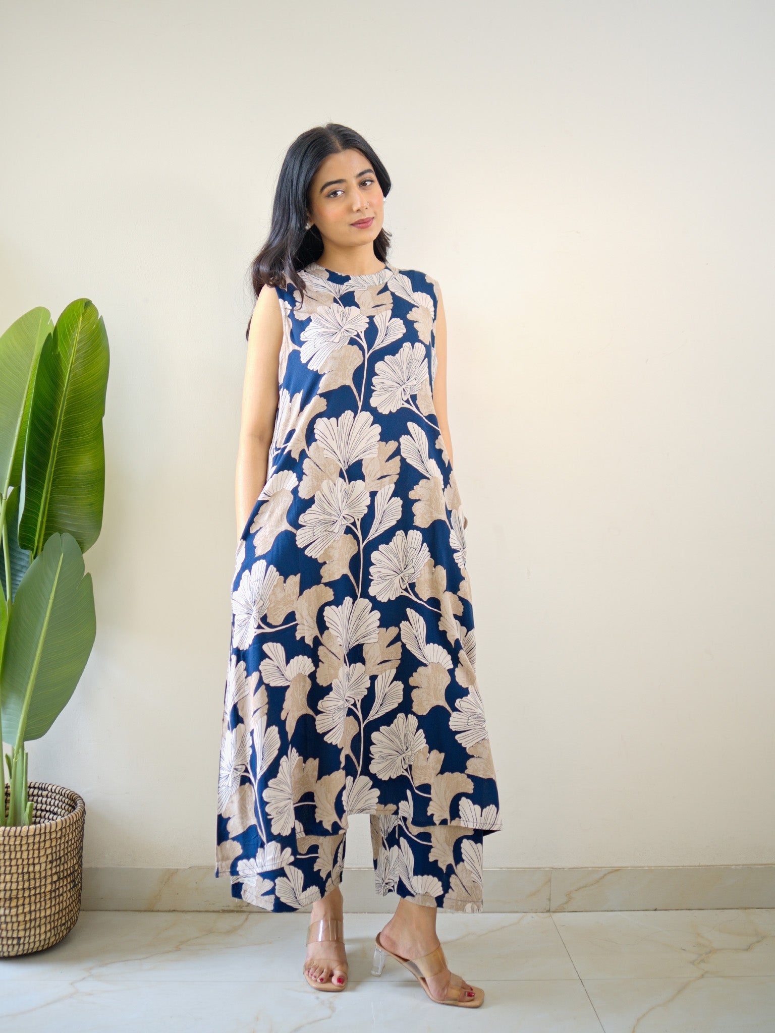 Hita Blue Floral Print A-line Coord Set