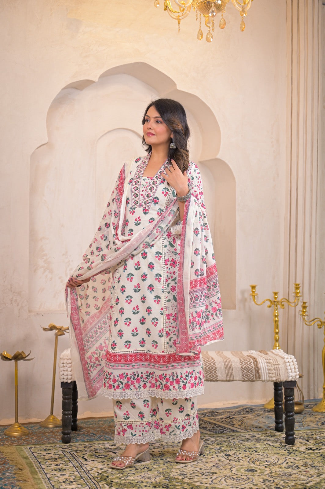 Kaaya White Pink Cotton Embroidered Dupatta Set