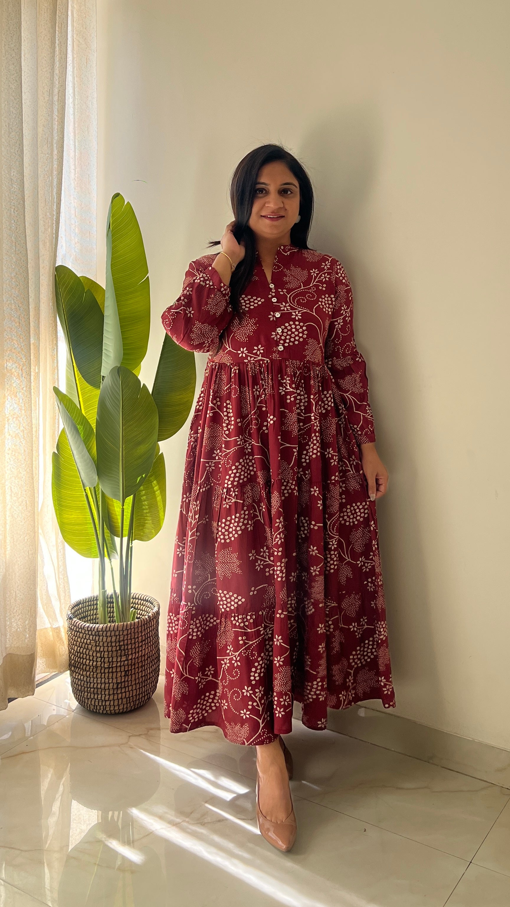 Sarfa Maroon Crystal Muslin Casual Long Dress