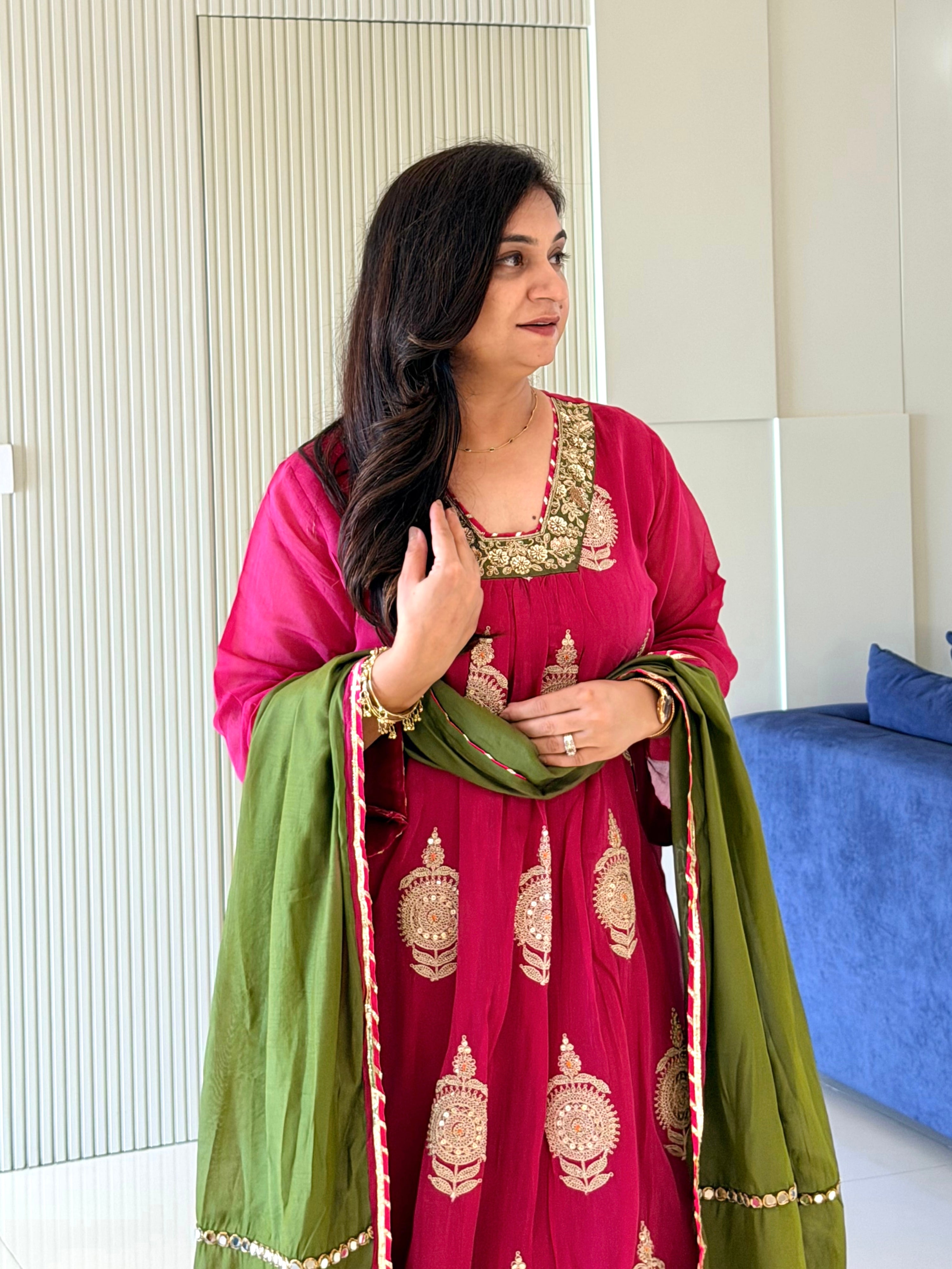Suhani Pink Mul Chanderi Embroidered A-line Dupatta Set