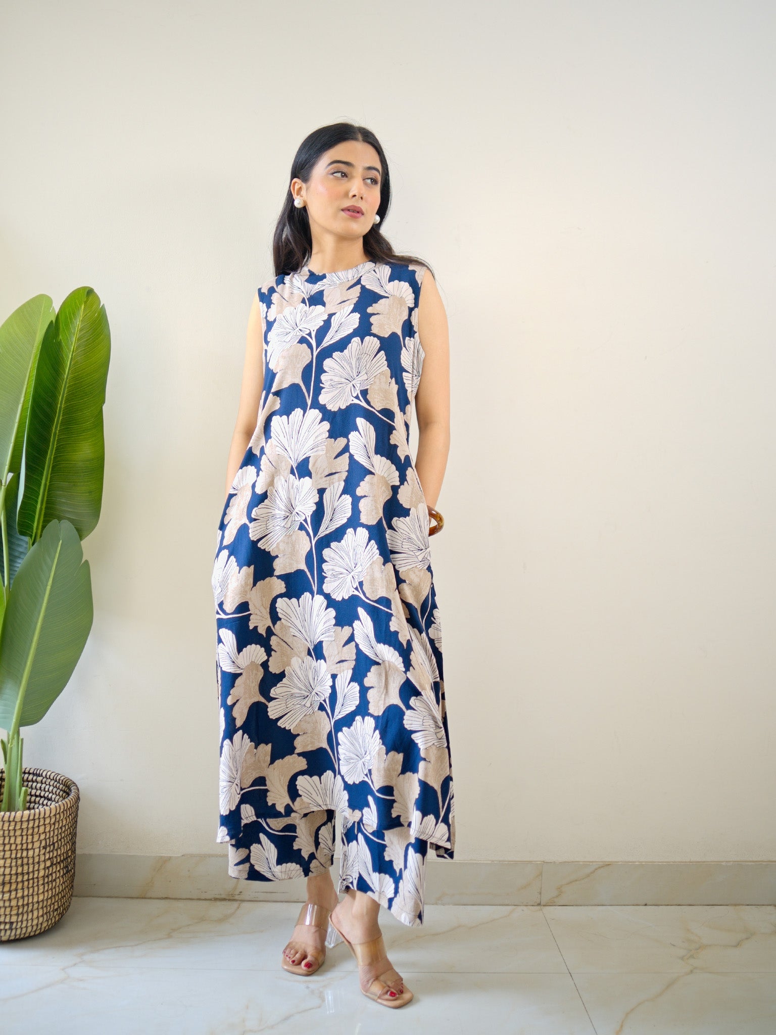 Hita Blue Floral Print A-line Coord Set