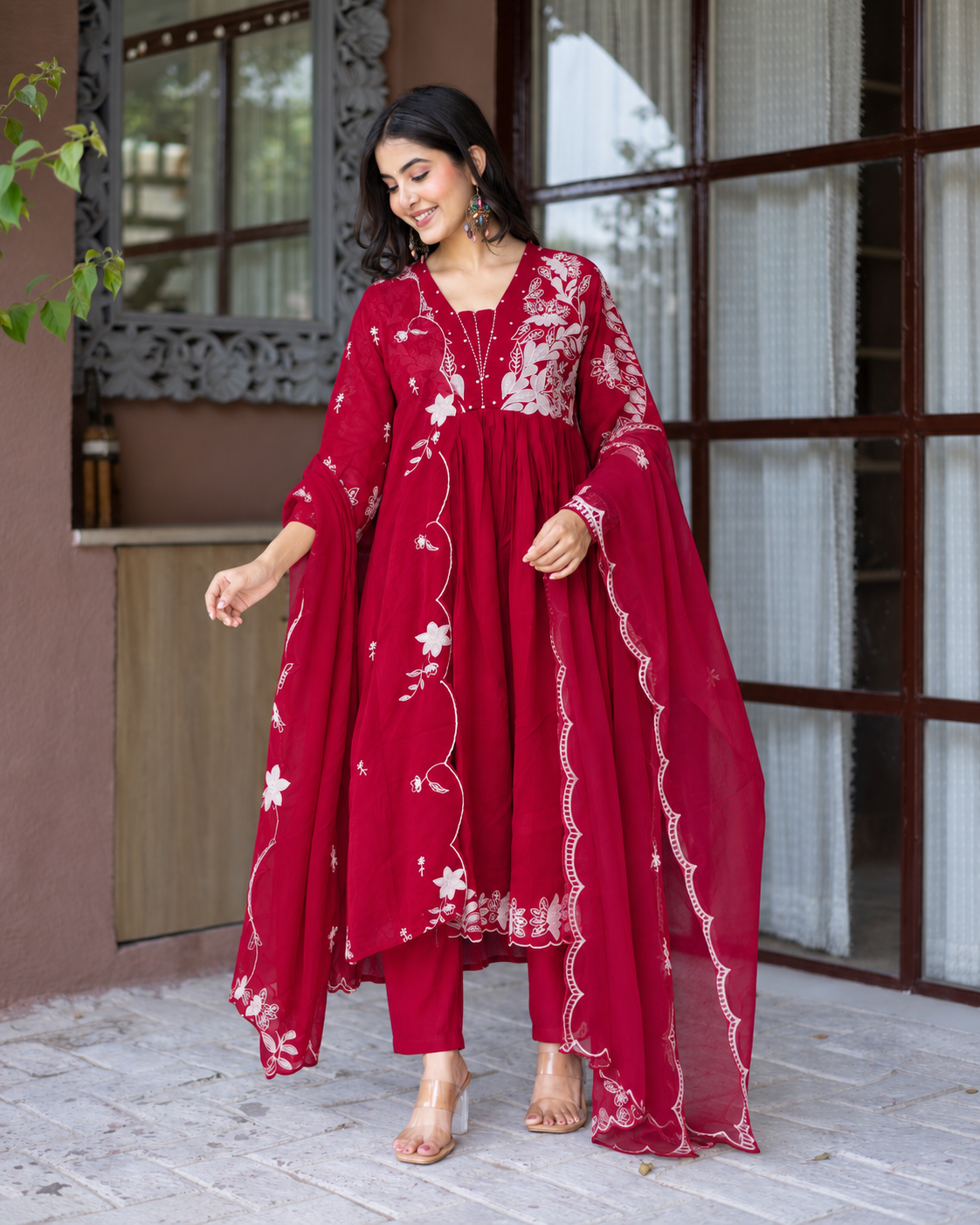 Ruksaar Pink Mul Cotton Embroidered A-line Dupatta Set