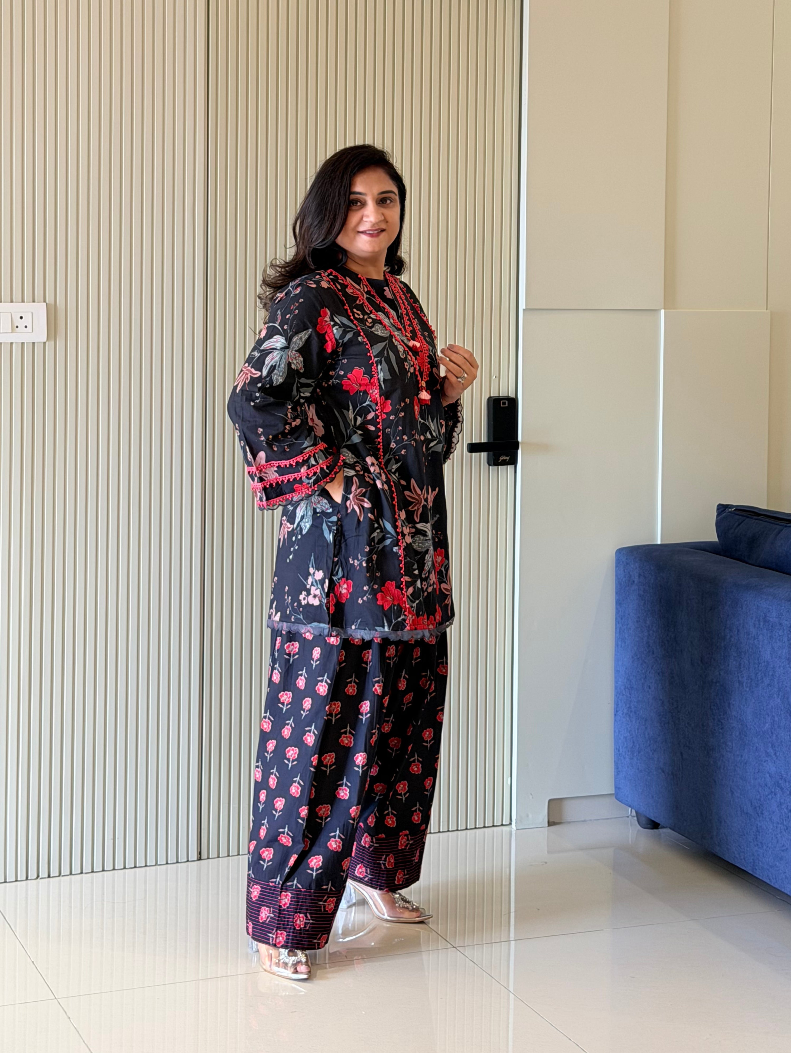 Zubeda Black Cotton Floral A-line Farshi Coord Set