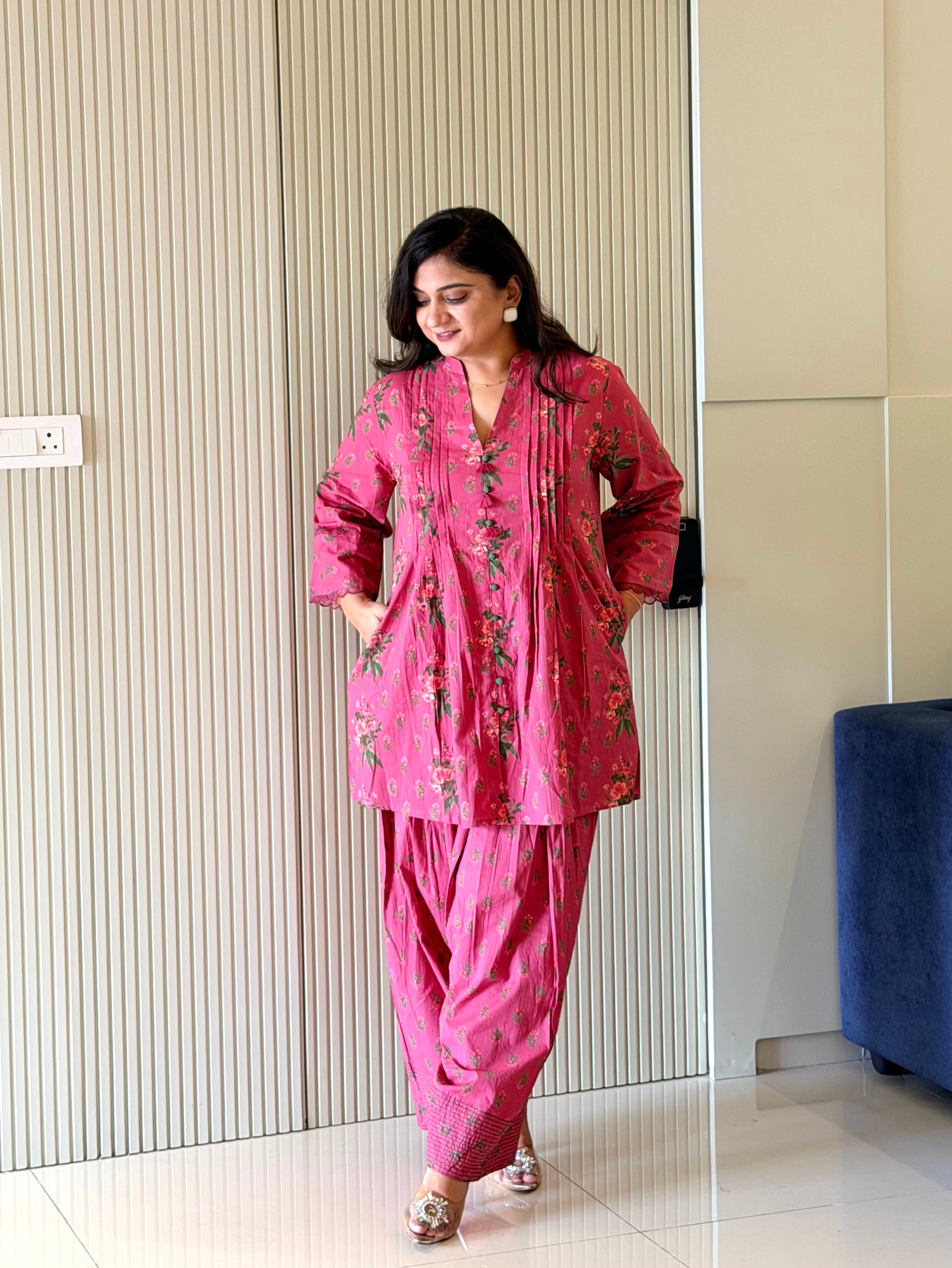 Zubeda Pink Cotton Floral A-line Farshi Coord Set