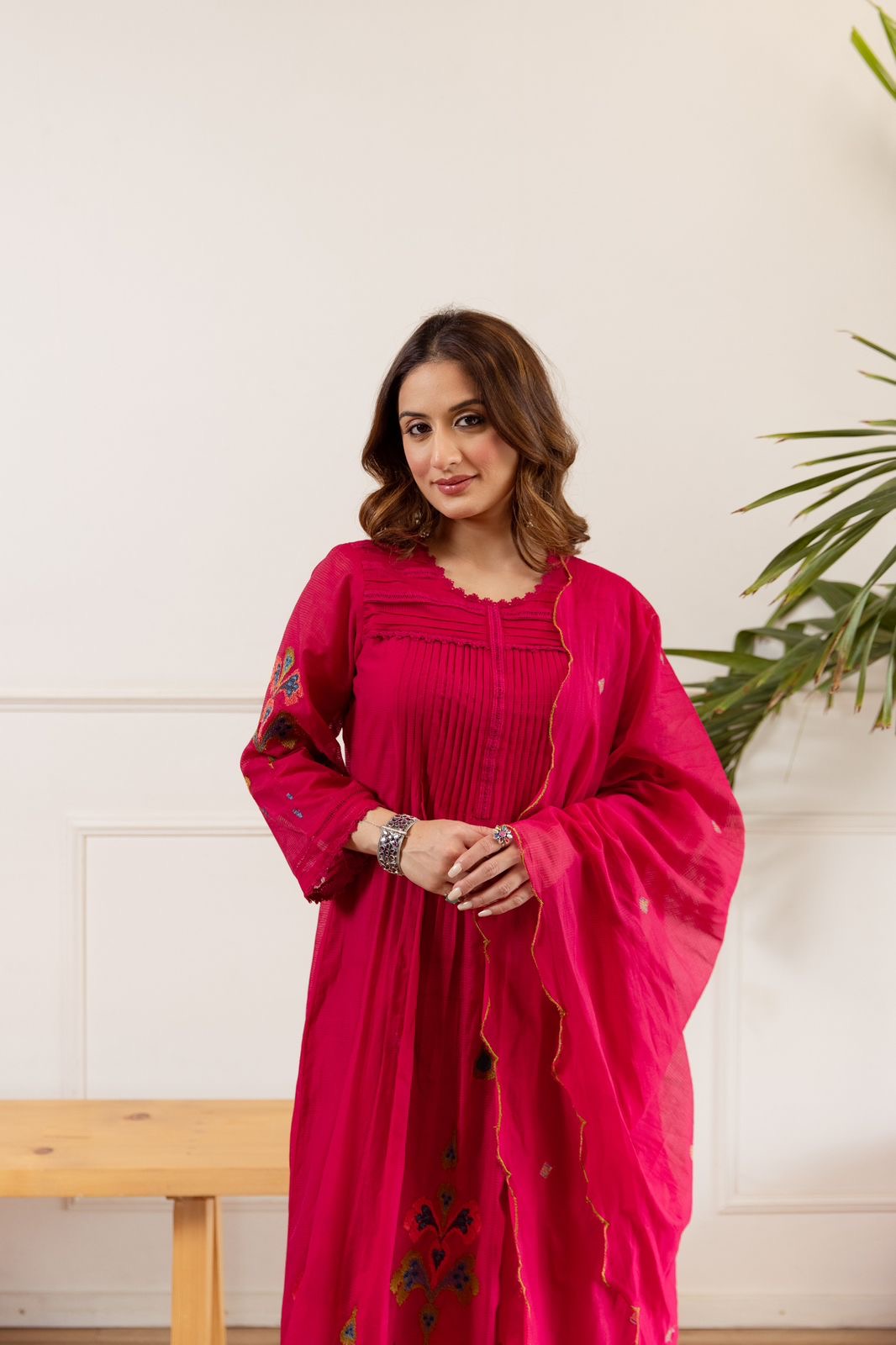 Zina Pink Net Chanderi Embroidered Anarkali Set