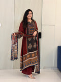 Rusha Maroon Natural Crape Asymmetric HandEmbroidered Dupatta Set