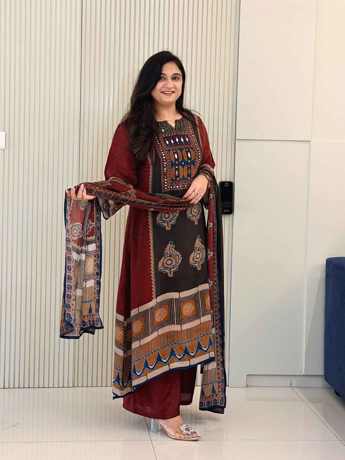 Rusha Maroon Natural Crape Asymmetric HandEmbroidered Dupatta Set