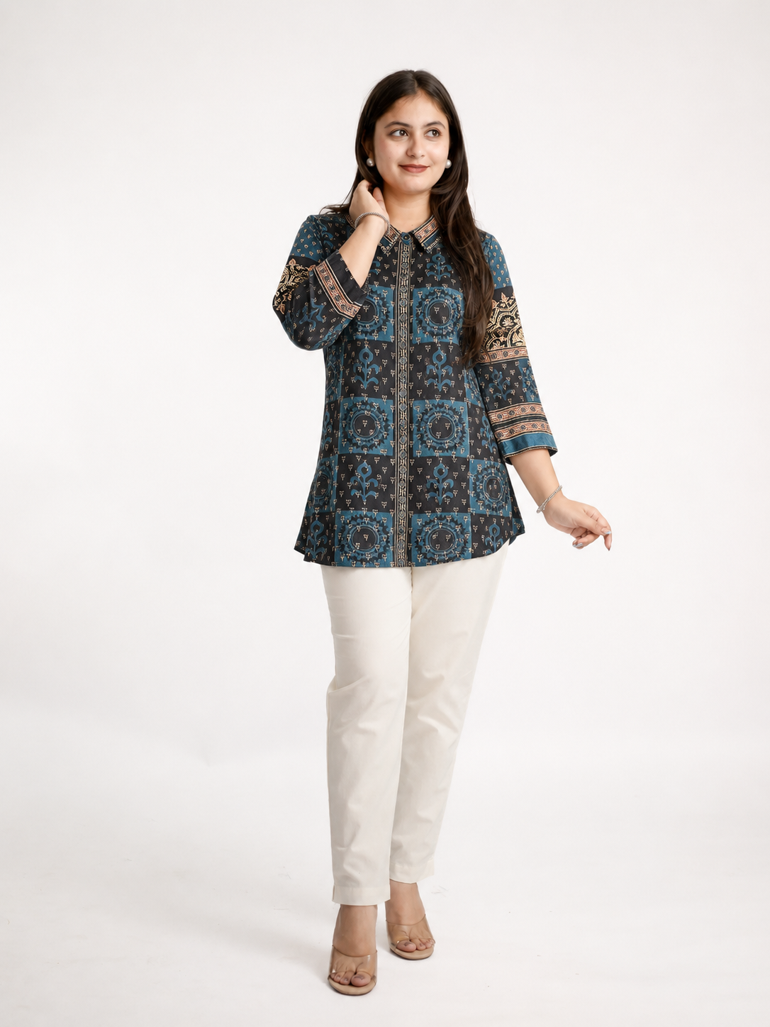 Vaidehi Blue Crepe Ajrakh Printed Shirt