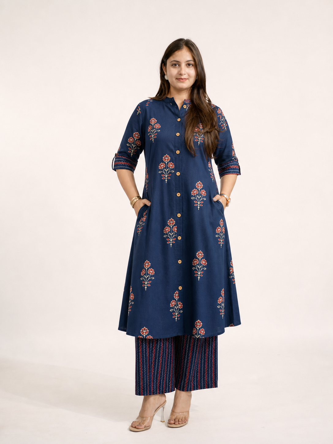Liva Blue Floral A-line Cotton Kurta Set
