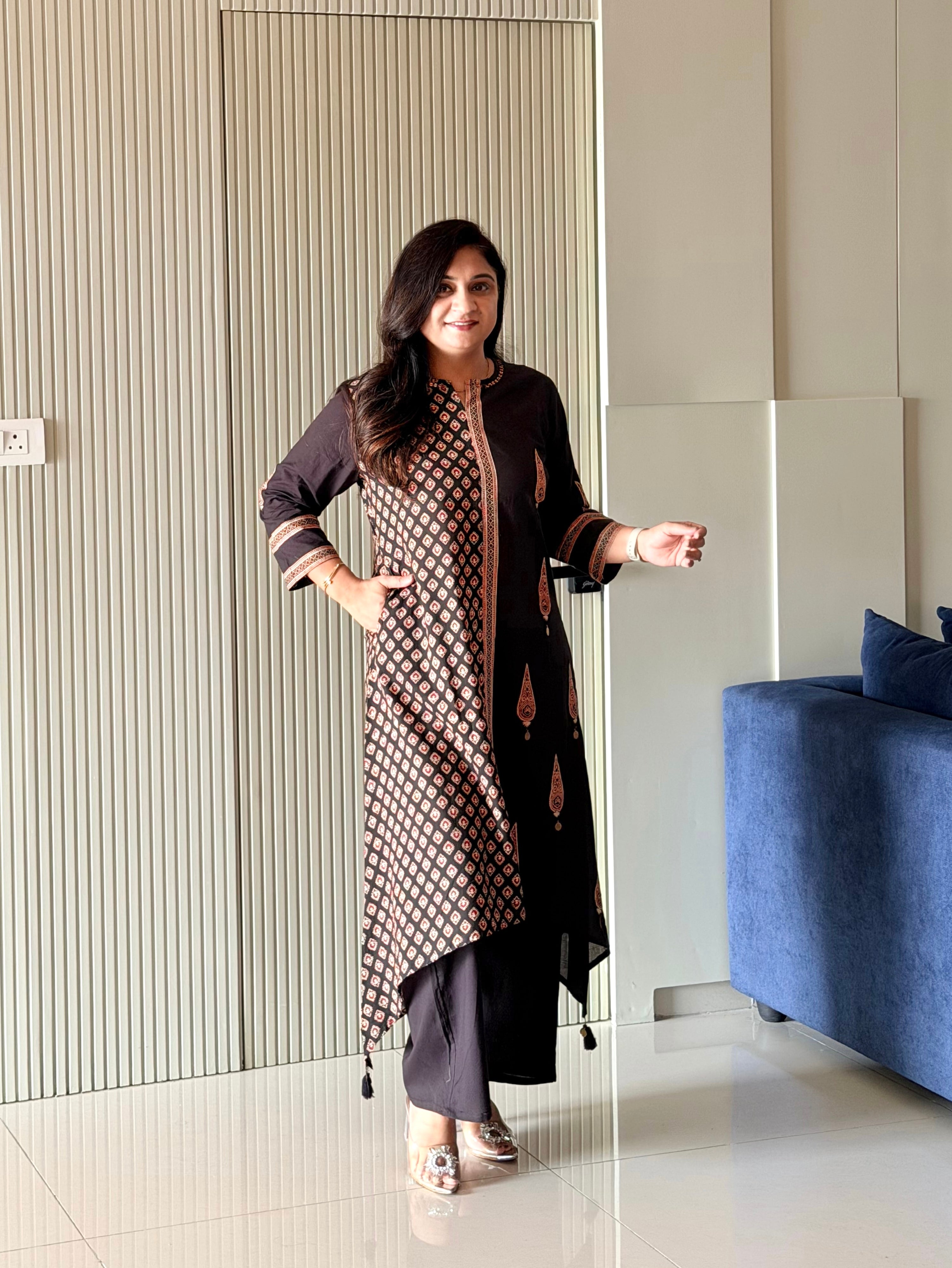 Laila Black Asymmetric Cotton Ajrakh Kurta Set