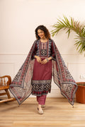 Gehna Wine Cotton Casual Embroidered Dupatta Set