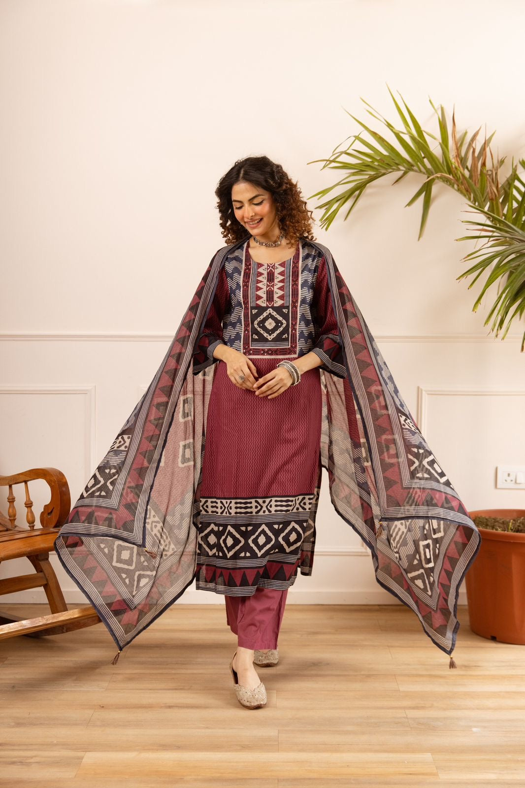Gehna Wine Cotton Casual Embroidered Dupatta Set