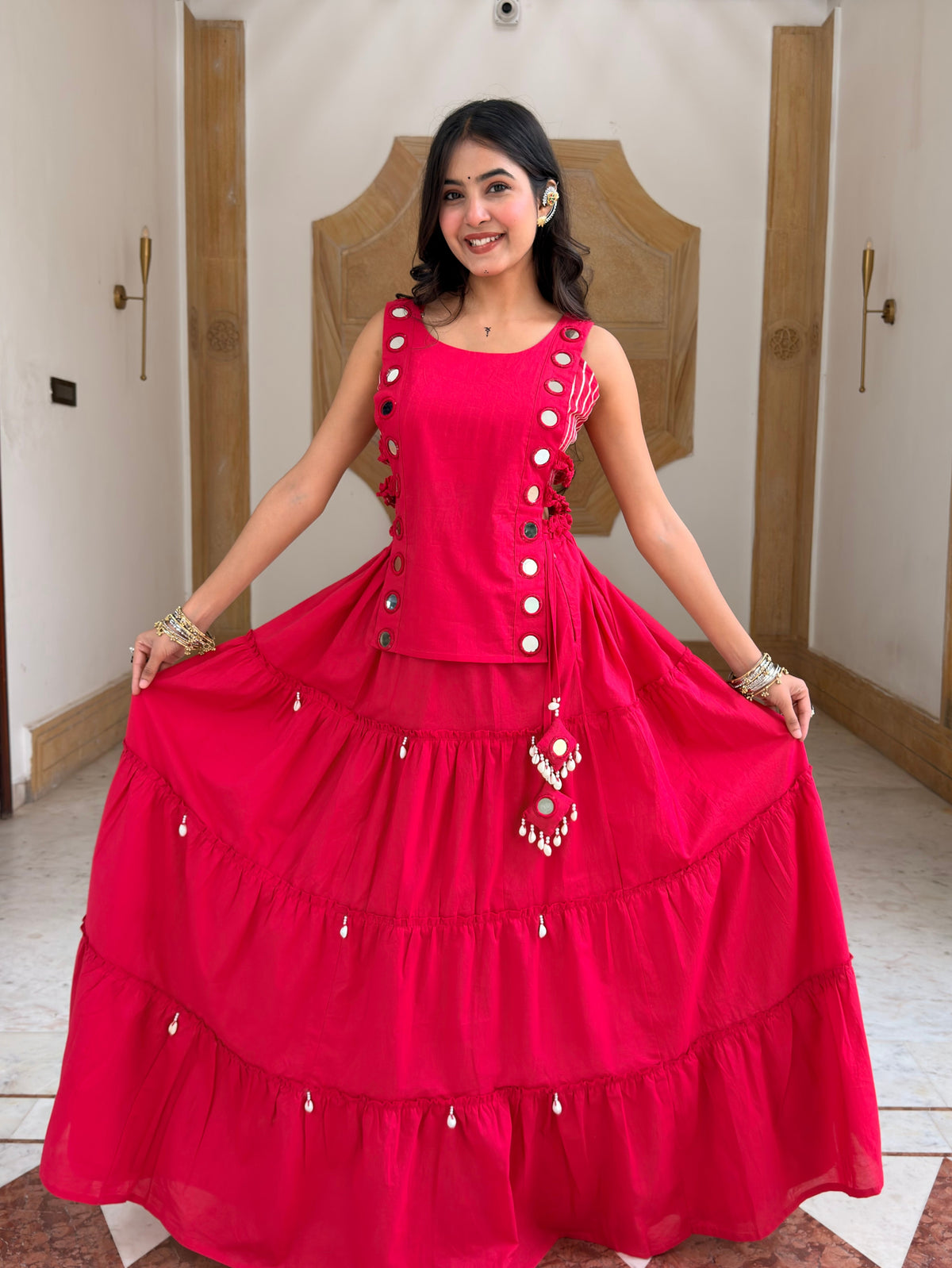Niyati Pink Cotton Festive Hand Detailed Skirt Set