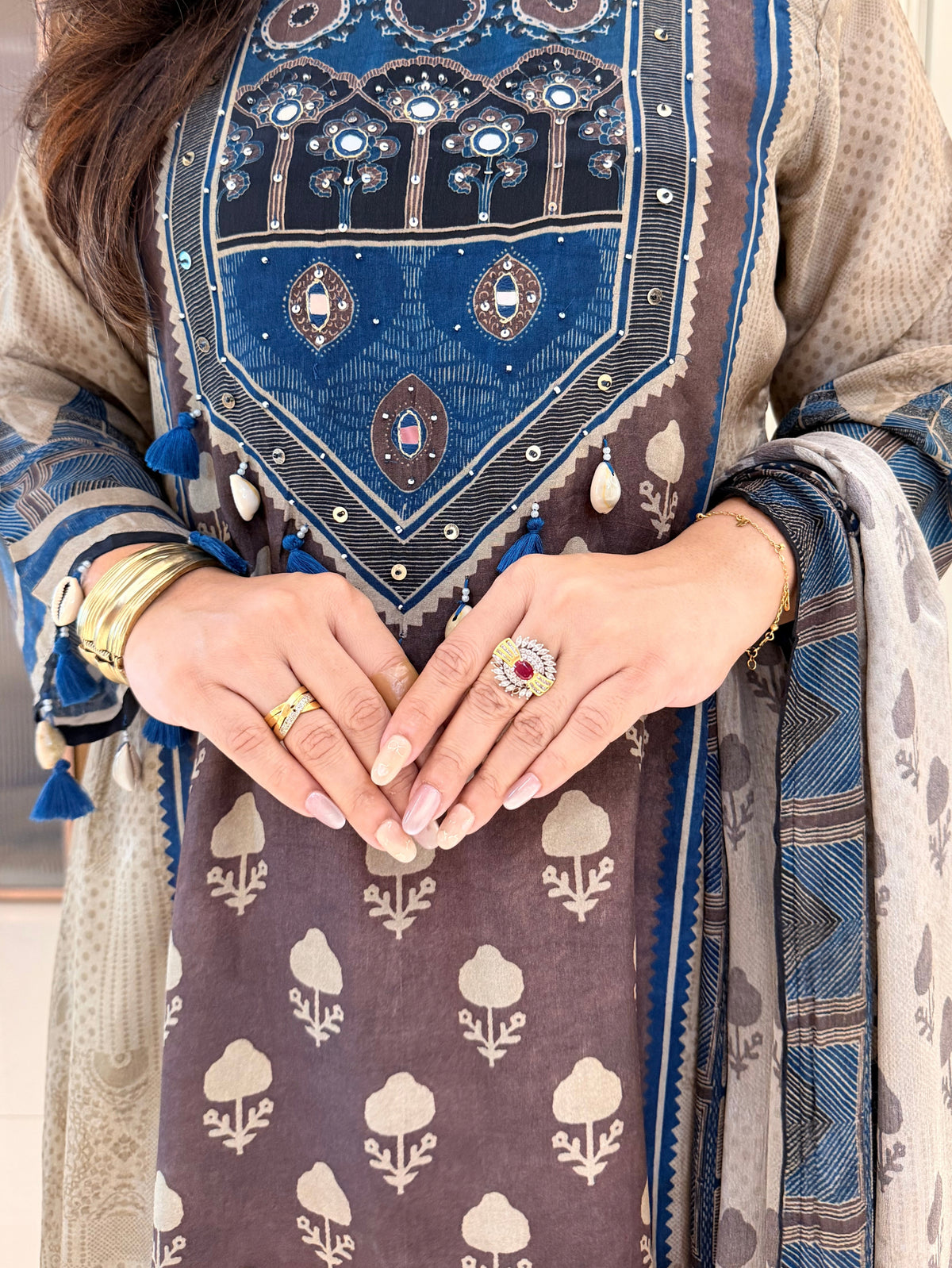 Rusha Beige Natural Crape Asymmetric HandEmbroidered Dupatta Set