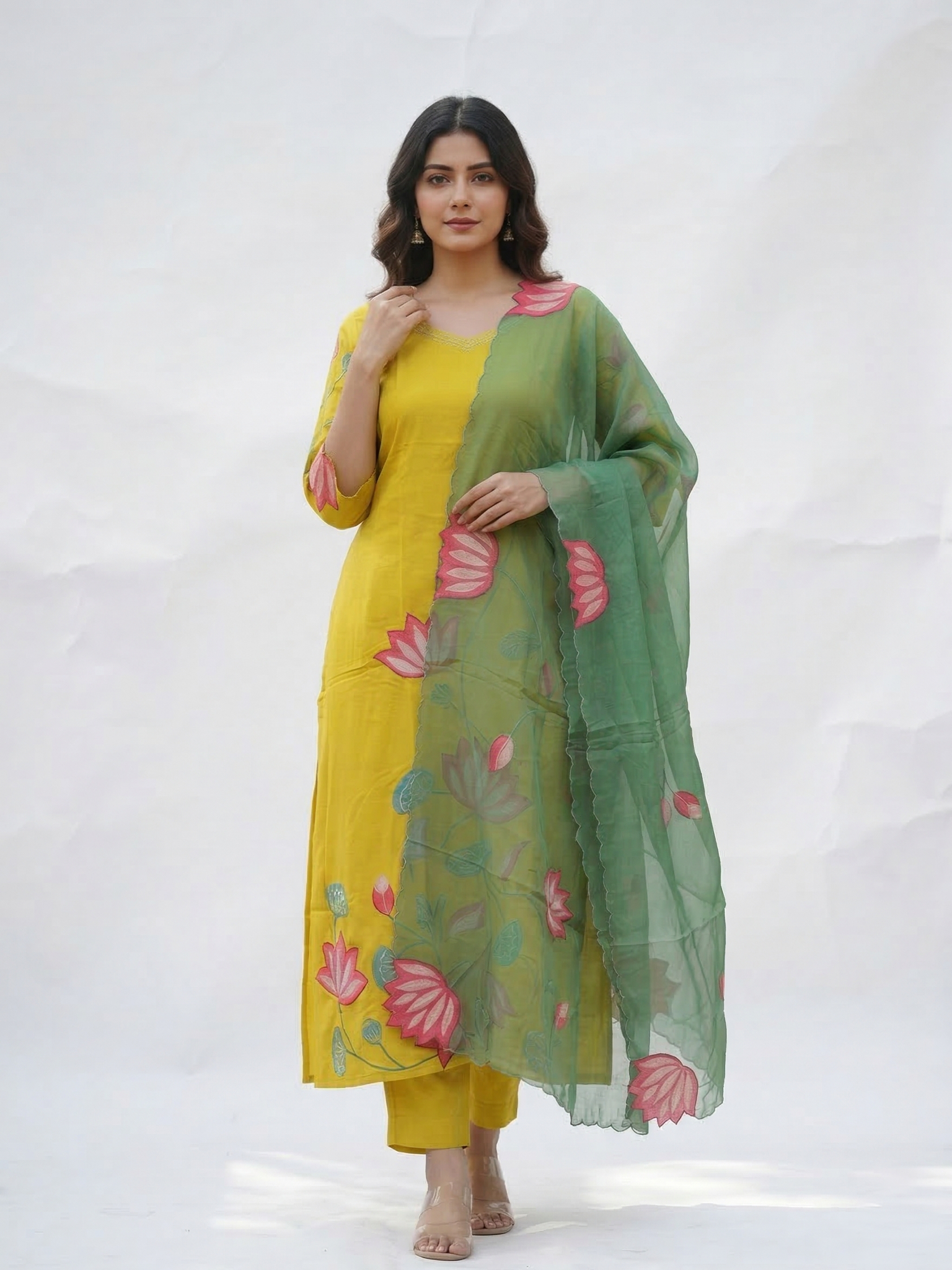 Kiara Yellow Russian Silk A-line Applique Deatiled Dupatta Set