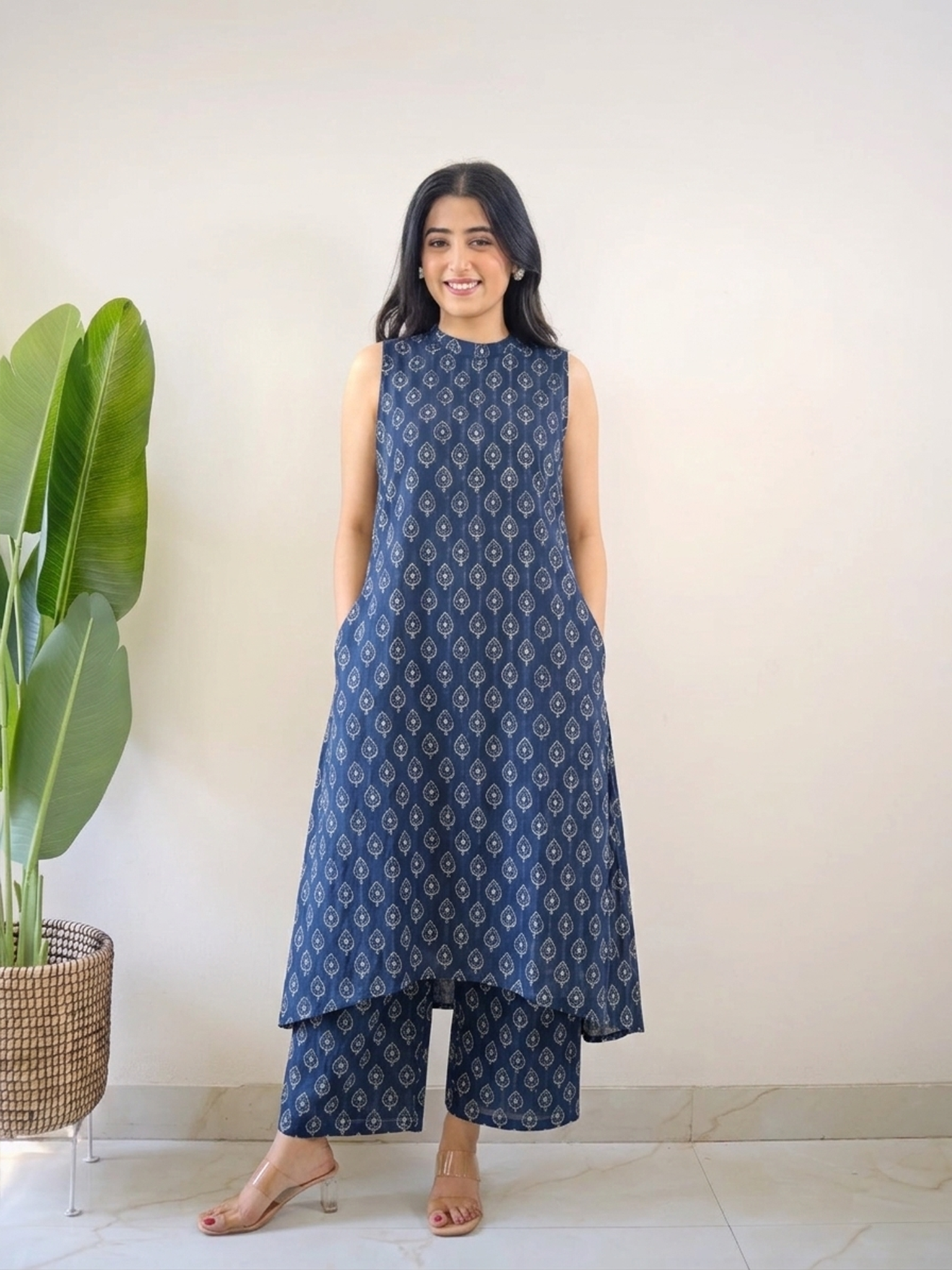 Kusha Blue Indigo Rayon A-line Coord Set