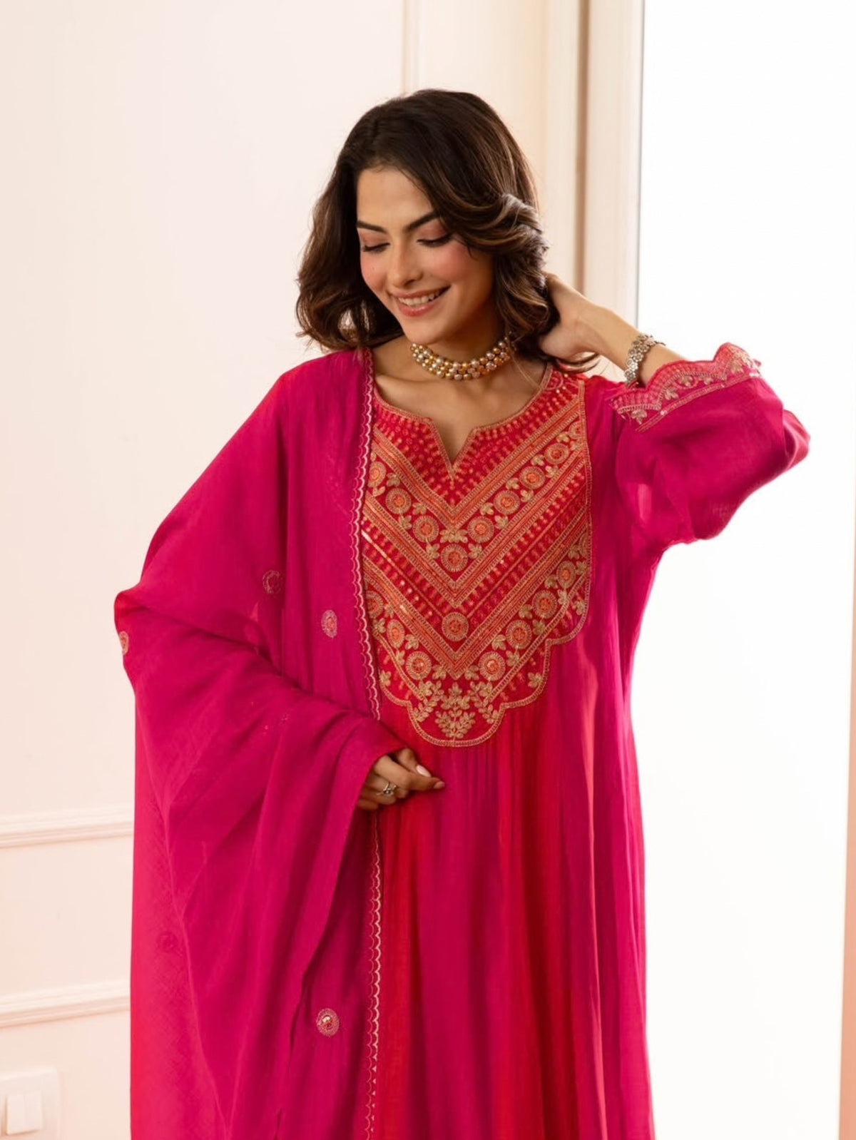 Zola Pink Mul Chanderi Embroidered A-line Dupatta Set
