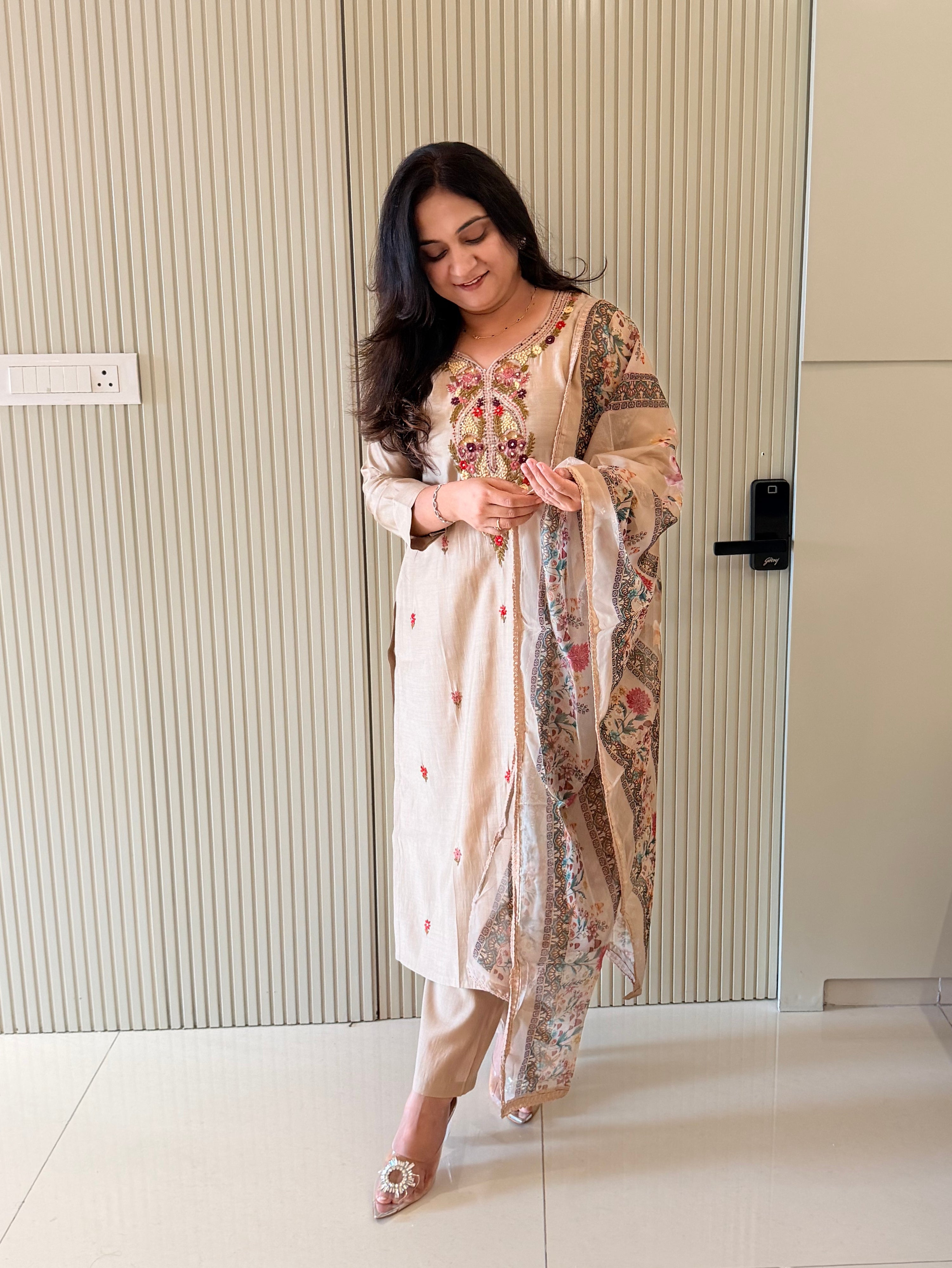 Rubina Beige Modal Silk HandEmbroidered Dupatta Set