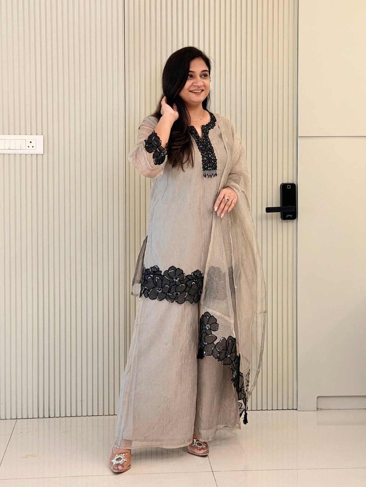 Aayat Grey Shimmer Tissue Applique HandEmbroidered Dupatta Set